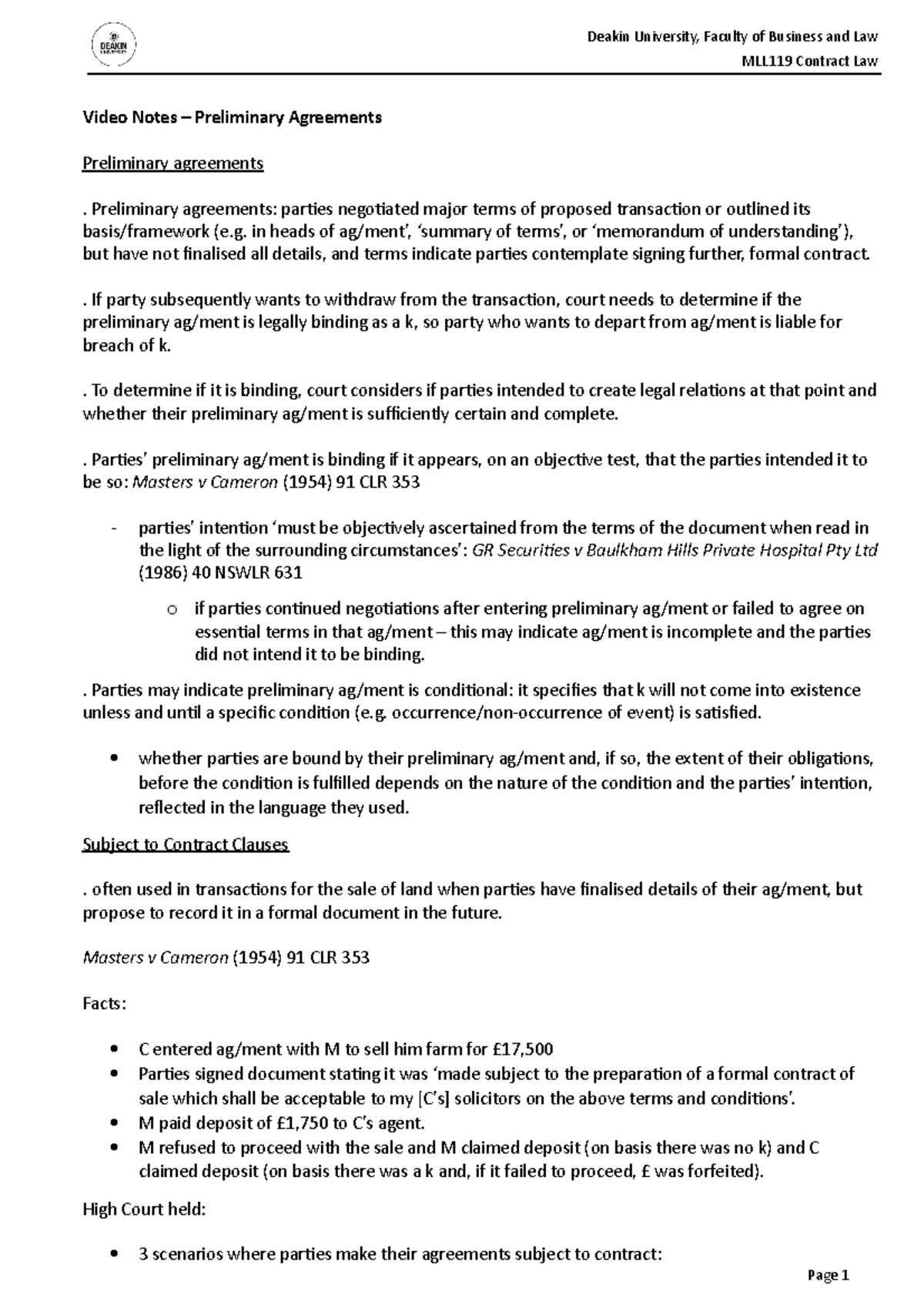 Video Notes 5 - Preliminary agreements: parties negotiated major terms ...