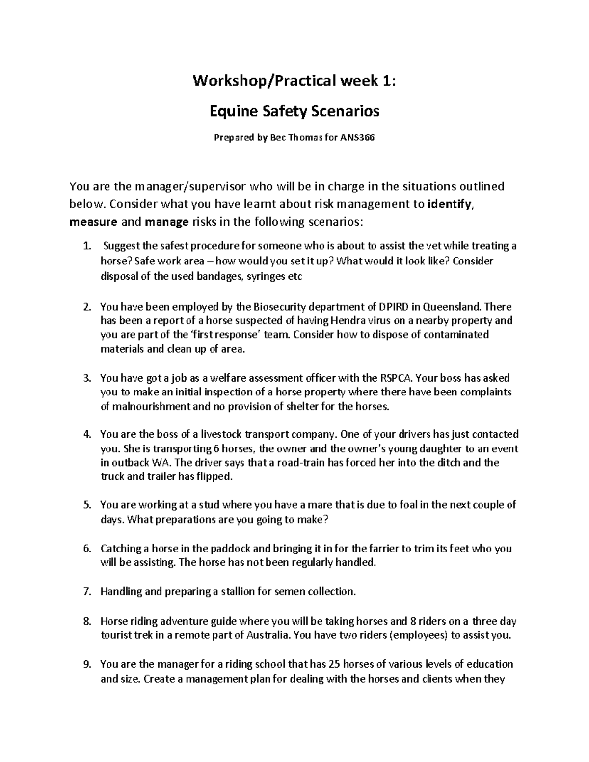 Equine Safety Scenarios week 1 Equine Safety
