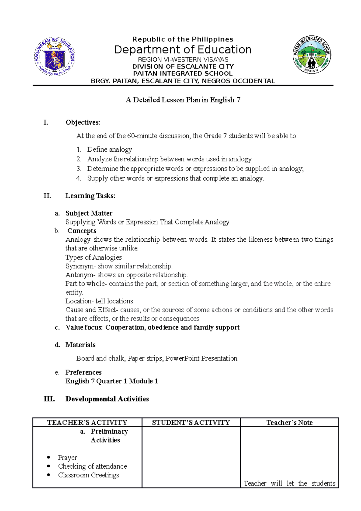 Quarter 1 WEEK 1 Analogy - Republic of the Philippines Department of ...