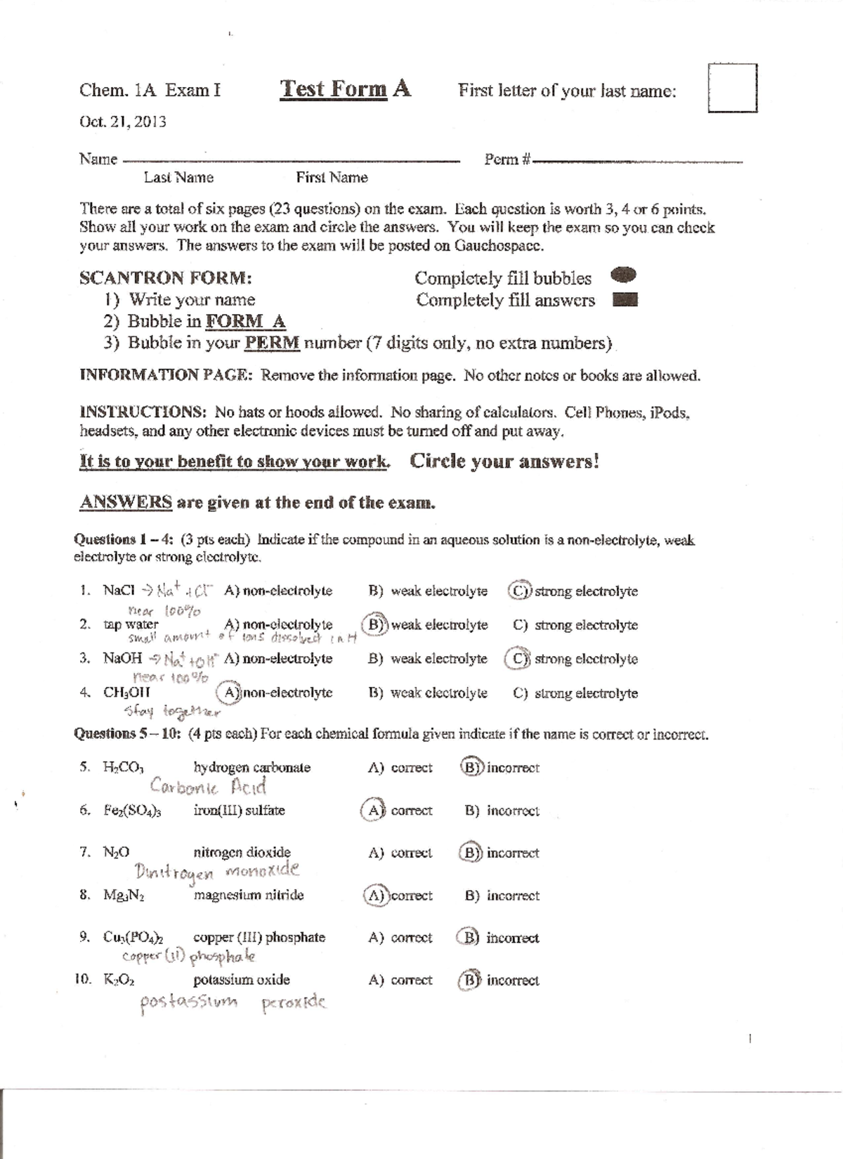 Exam 1A v2 Worked Out - Practice Exam Answers - Chem. 1A Exam I Test ...