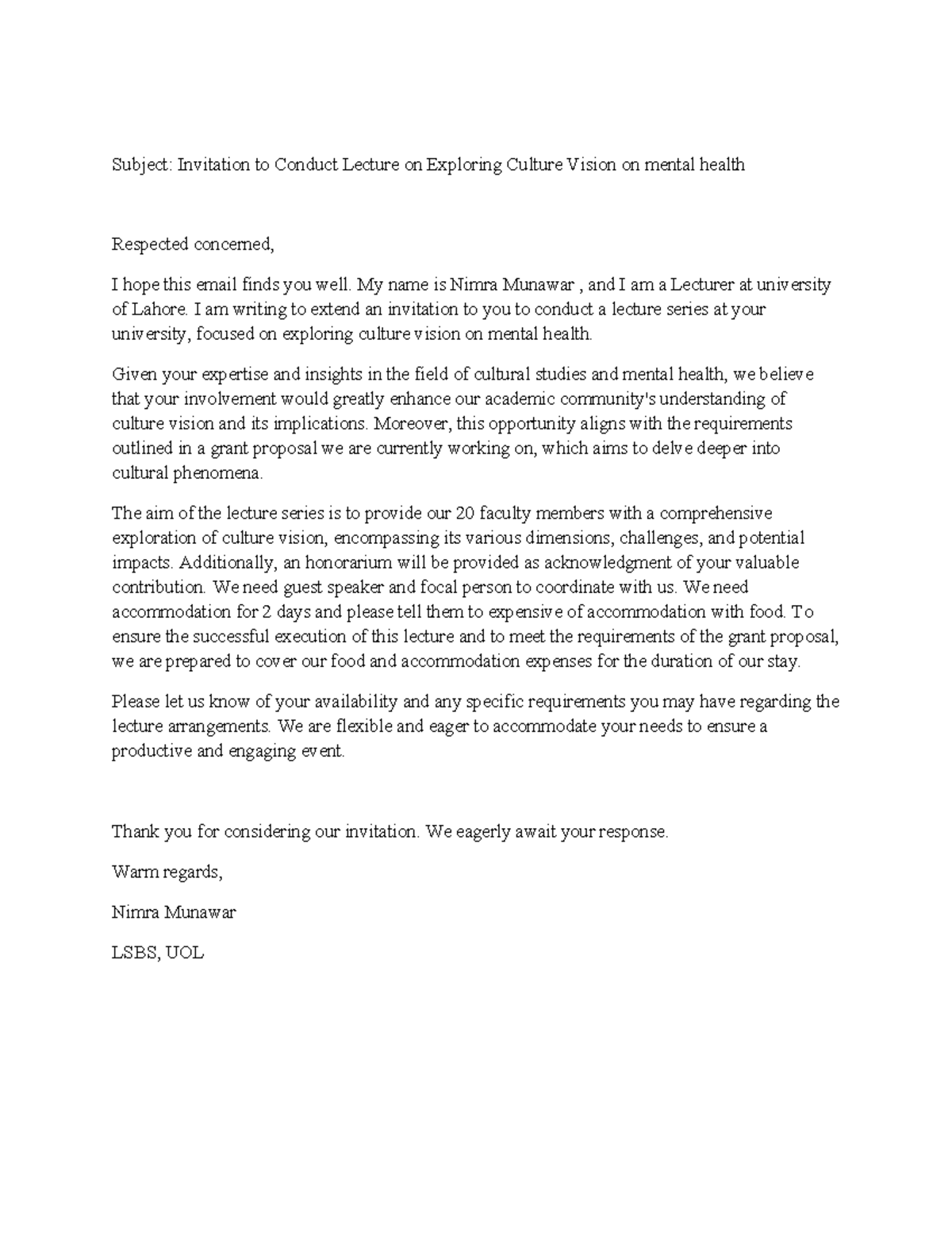 Email for grant proposal - Subject: Invitation to Conduct Lecture on ...