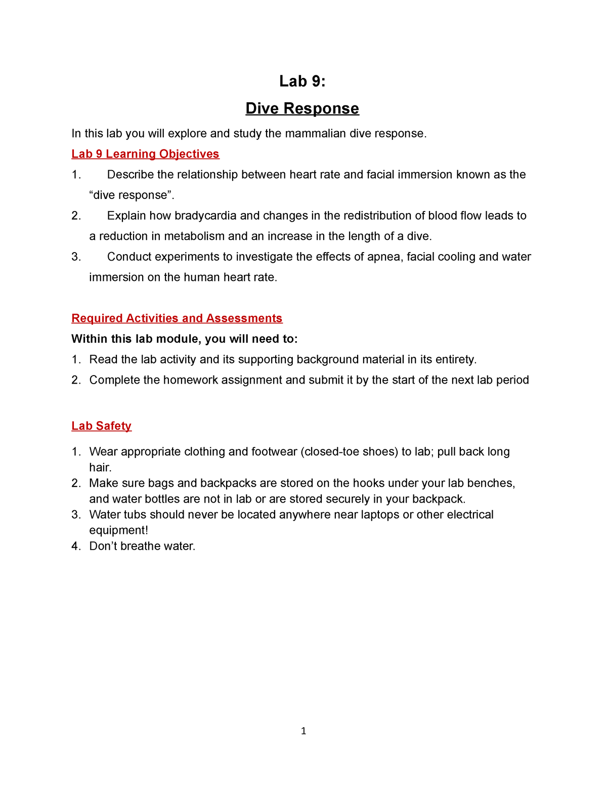 Mammalian Dive Responses - Lab 9: Dive Response In this lab you will