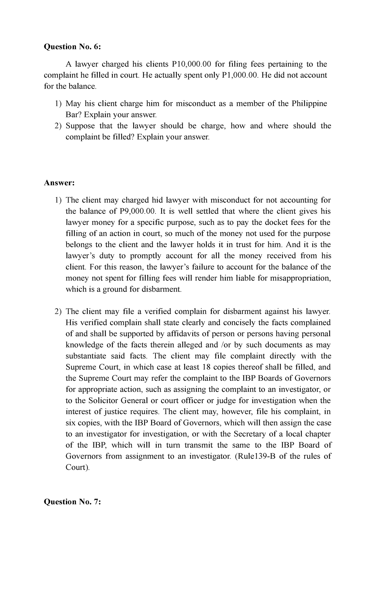 Legal Ethics Bar Q and A part 2 Question No. 6 A lawyer charged his