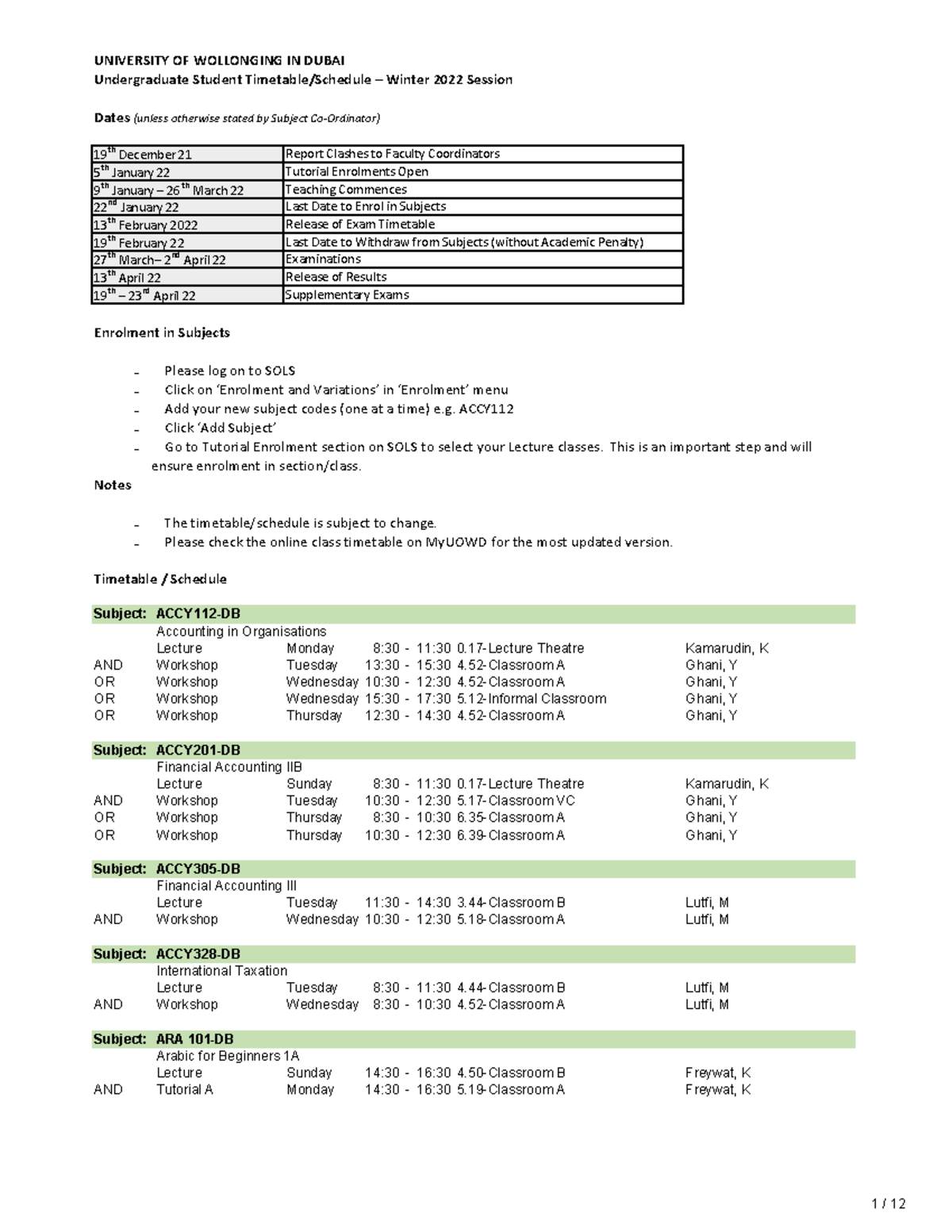 Course Timetable-Winter 2022 - UNIVERSITY OF WOLLONGING IN DUBAI