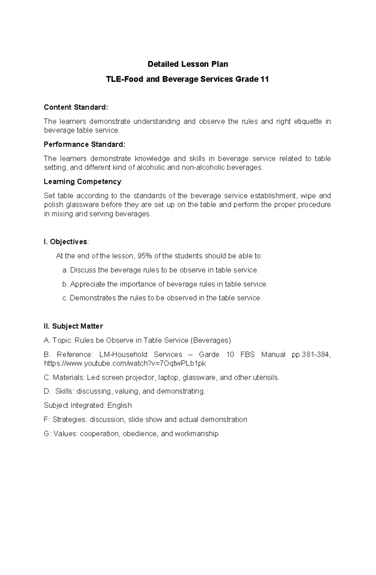 Detailed lesson plan 2023 - Detailed Lesson Plan TLE-Food and Beverage ...