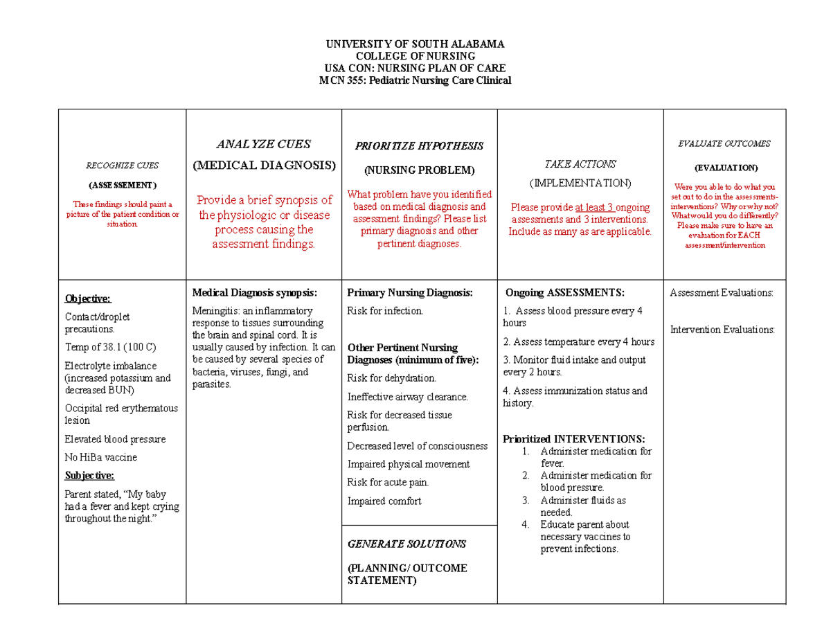 Care plan risk for infection - RECOGNIZE CUES (ASSESSEMENT) These ...