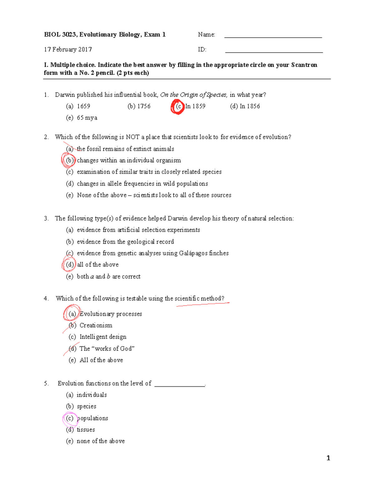 Evolutionary Test 1 Study Guide 1 BIOL 3023, Evolutionary Biology