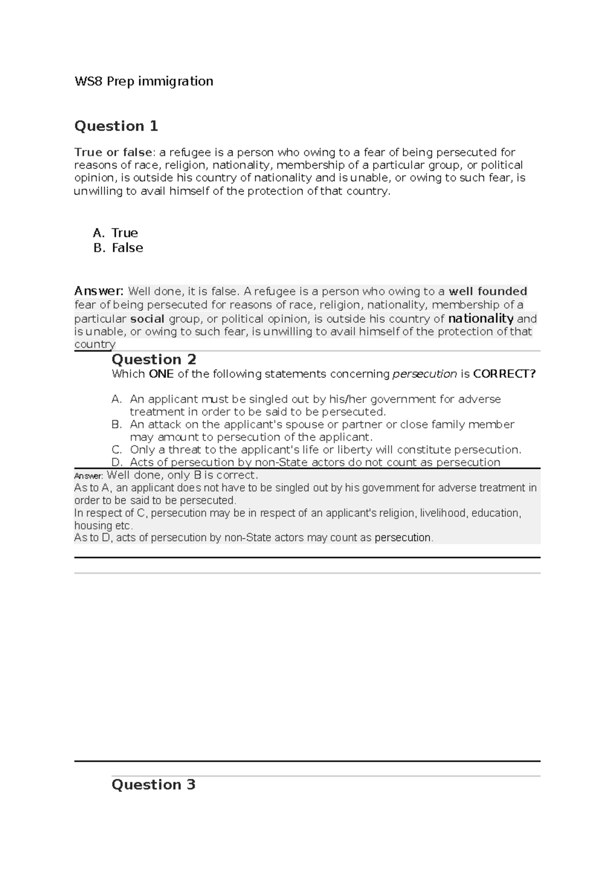 WS8 Prep immigration - notes - WS8 Prep immigration Question 1 True or ...