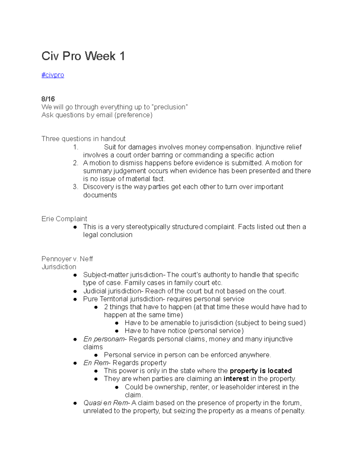 Civ Pro Week 1 - Lecture Notes 3 - Civ Pro Week 1 Civpro 8/ We Will Go ...