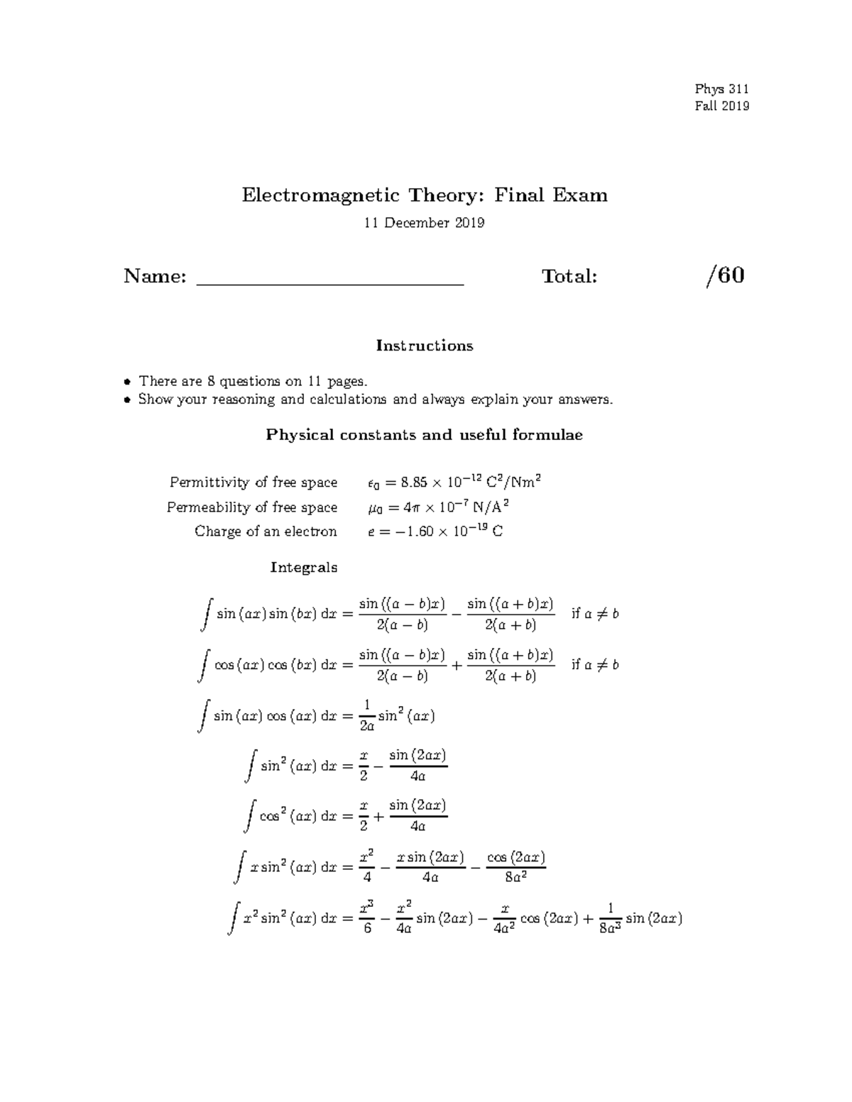 USM Final - exam - Phys 311 Fall 2019 Electromagnetic Theory: Final ...