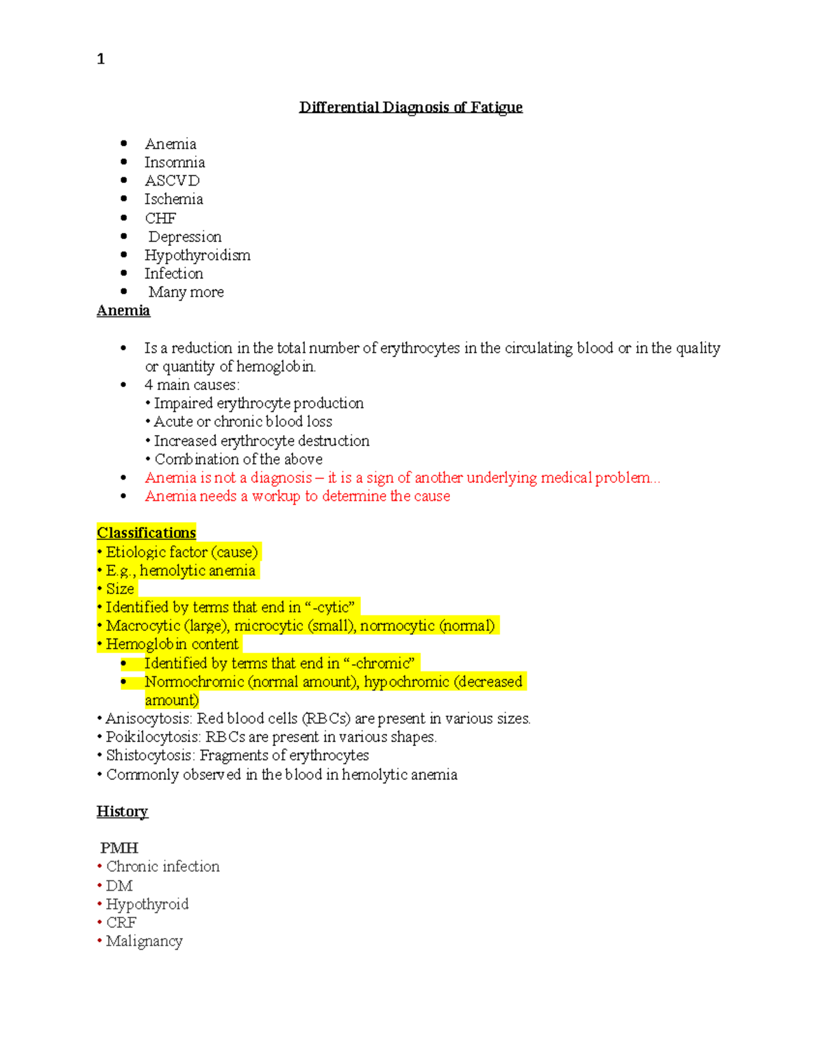 Module 13 Differential Diagnosis of Fatigue Anemia Insomnia ASCVD