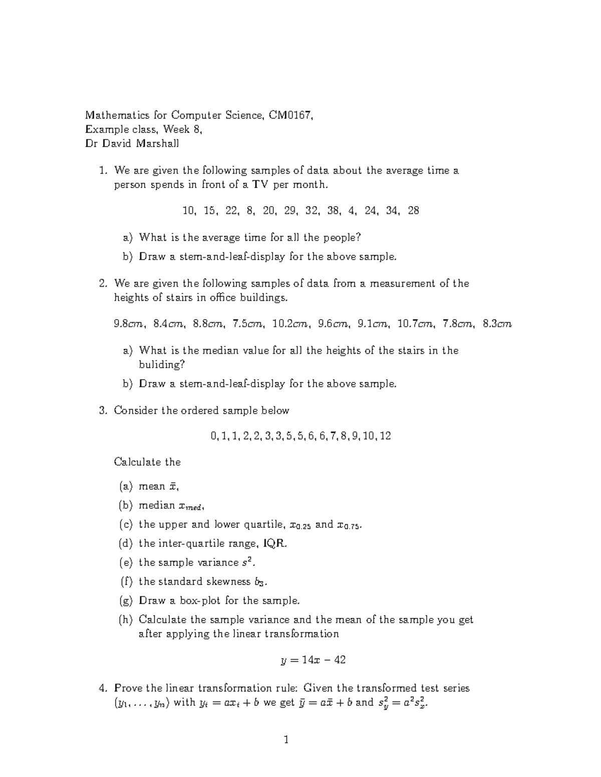 CM0167 Example Class Week 8 - Mathematics for Computer Science, CM0167 ...