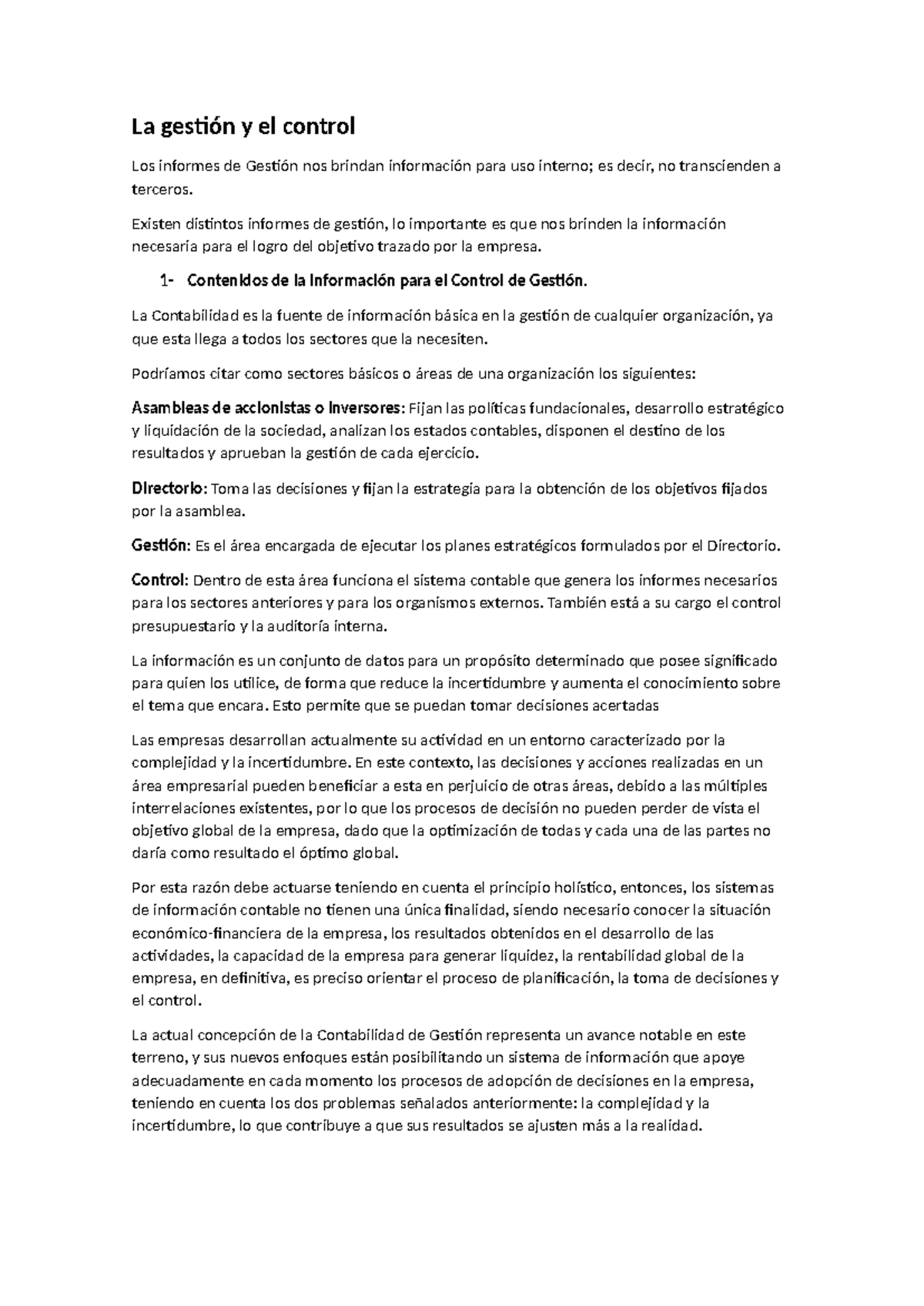 La gestión y el control - La gestión y el control Los informes de ...