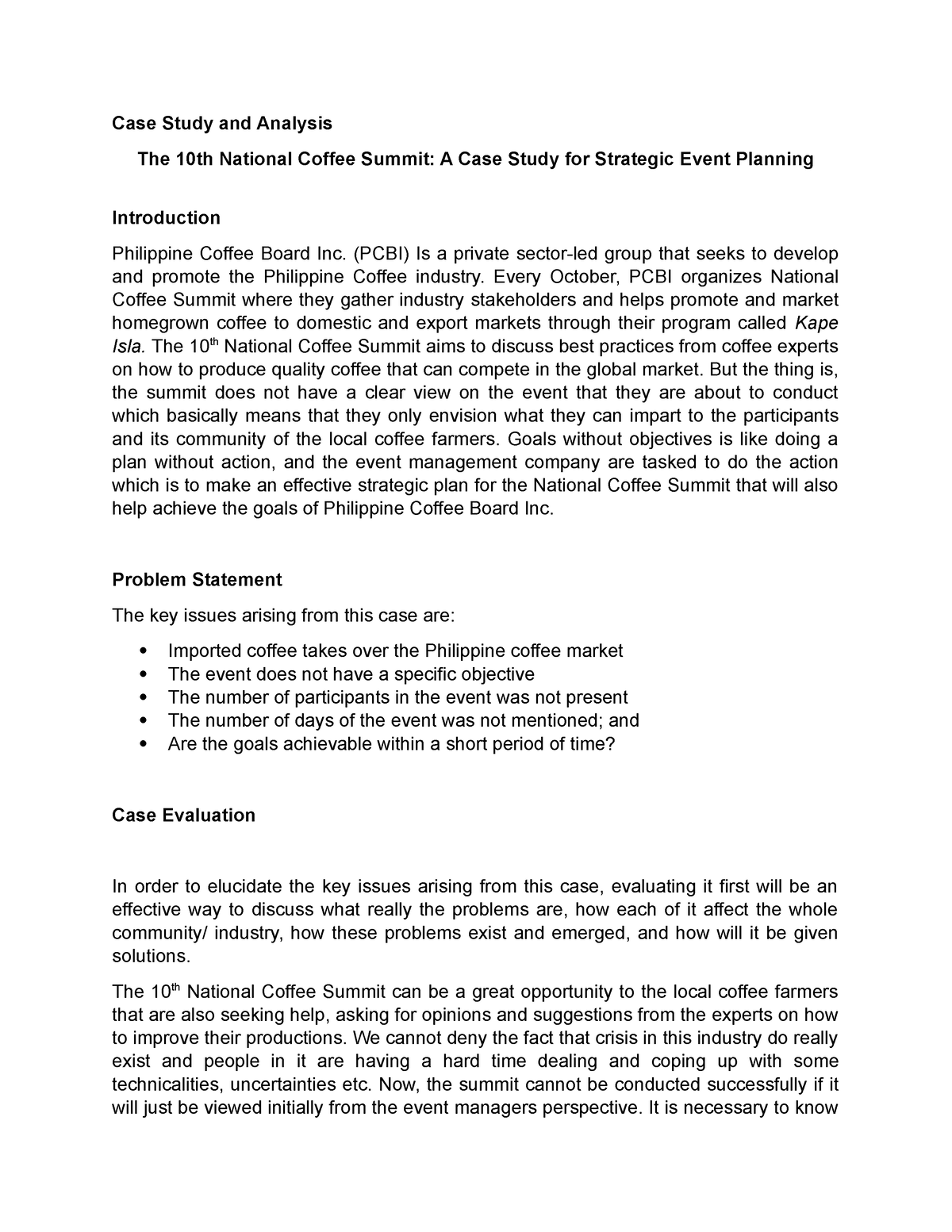 Case study - awraewr - Case Study and Analysis The 10th National Coffee ...