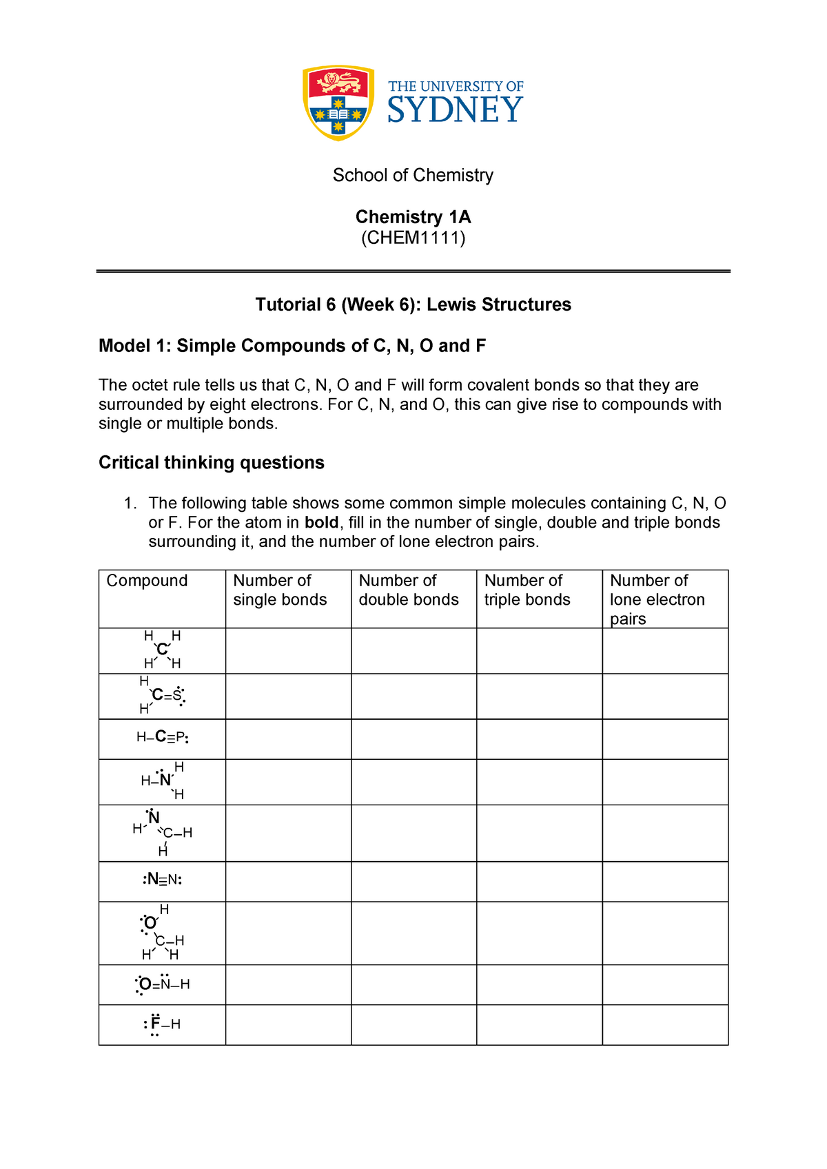 Tutorial 06 - School Of Chemistry Chemistry 1A (CHEM1111) Tutorial 6 ...