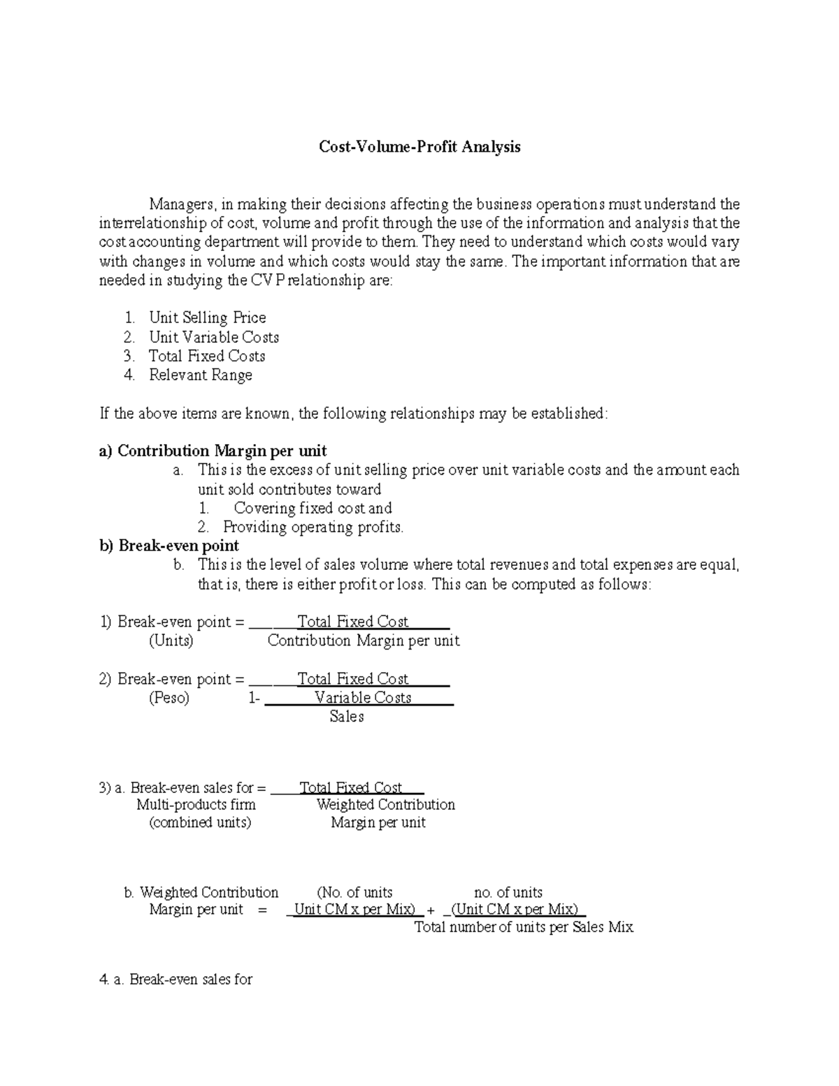CVP-Analysis - N/A - Cost-Volume-Profit Analysis Managers, in making ...