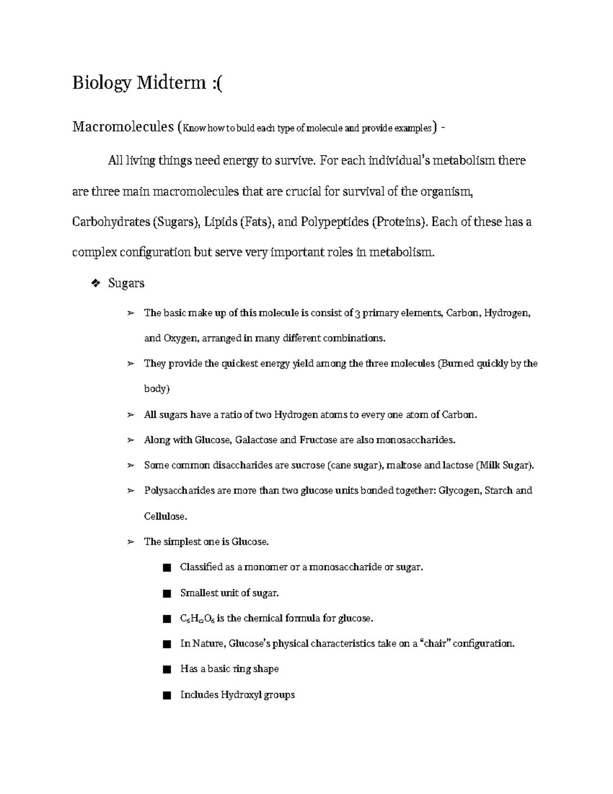 Biology Midterm Gracie Gage Biology Midterm ( Macromolecules (Know