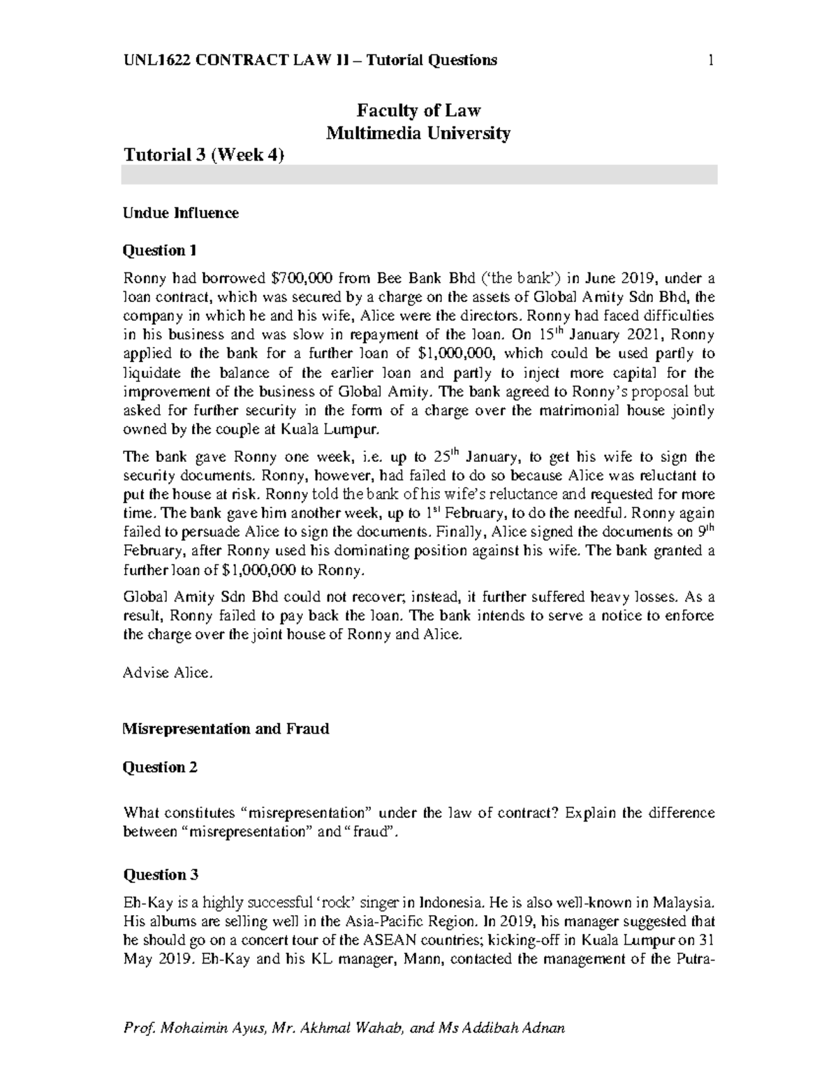 2022 Contract II - Tutorial 3 (Week 4) questions - UNL1622 CONTRACT LAW