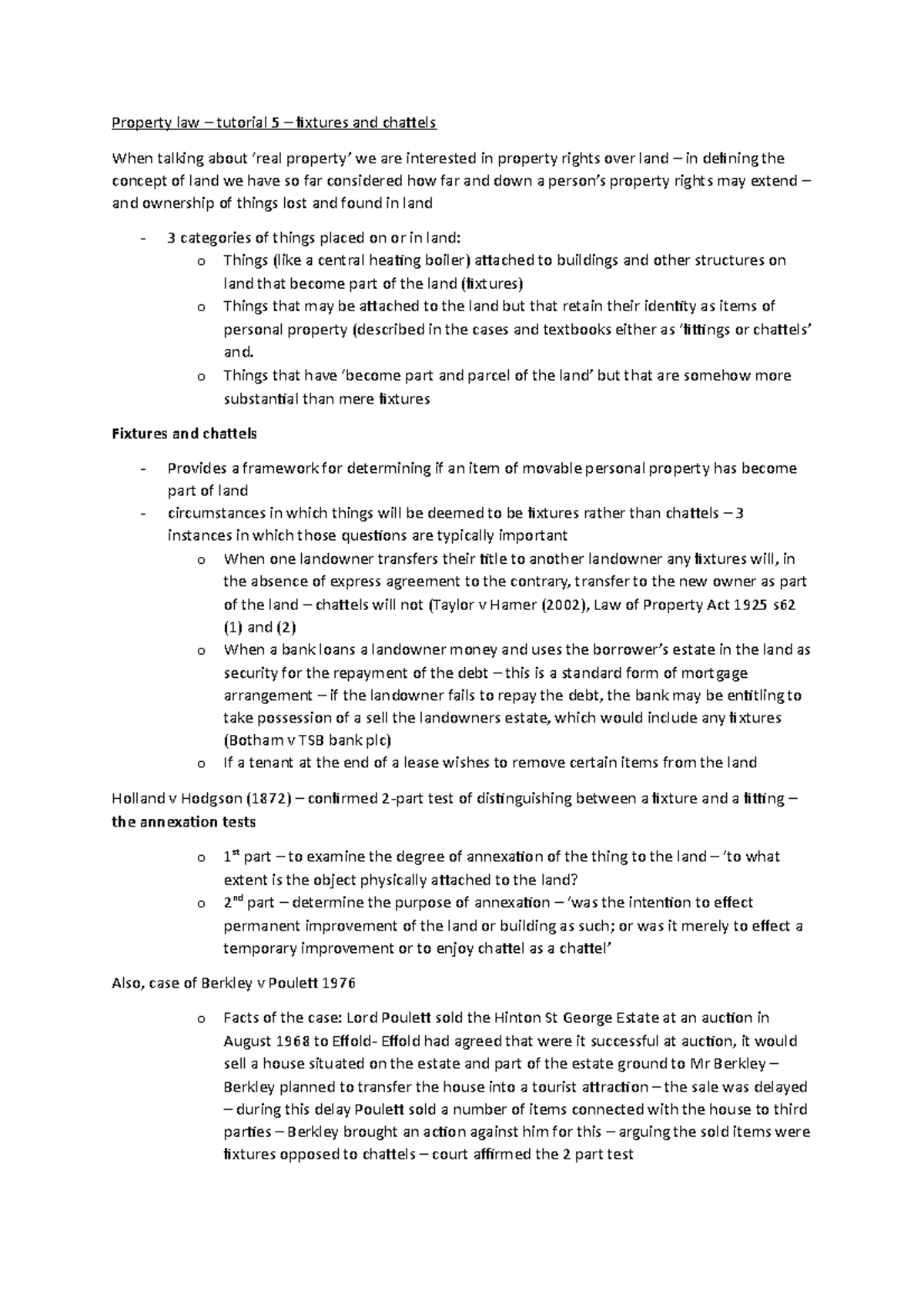 Pr L Tutorial 5 notes on fixtures and chattels Property law
