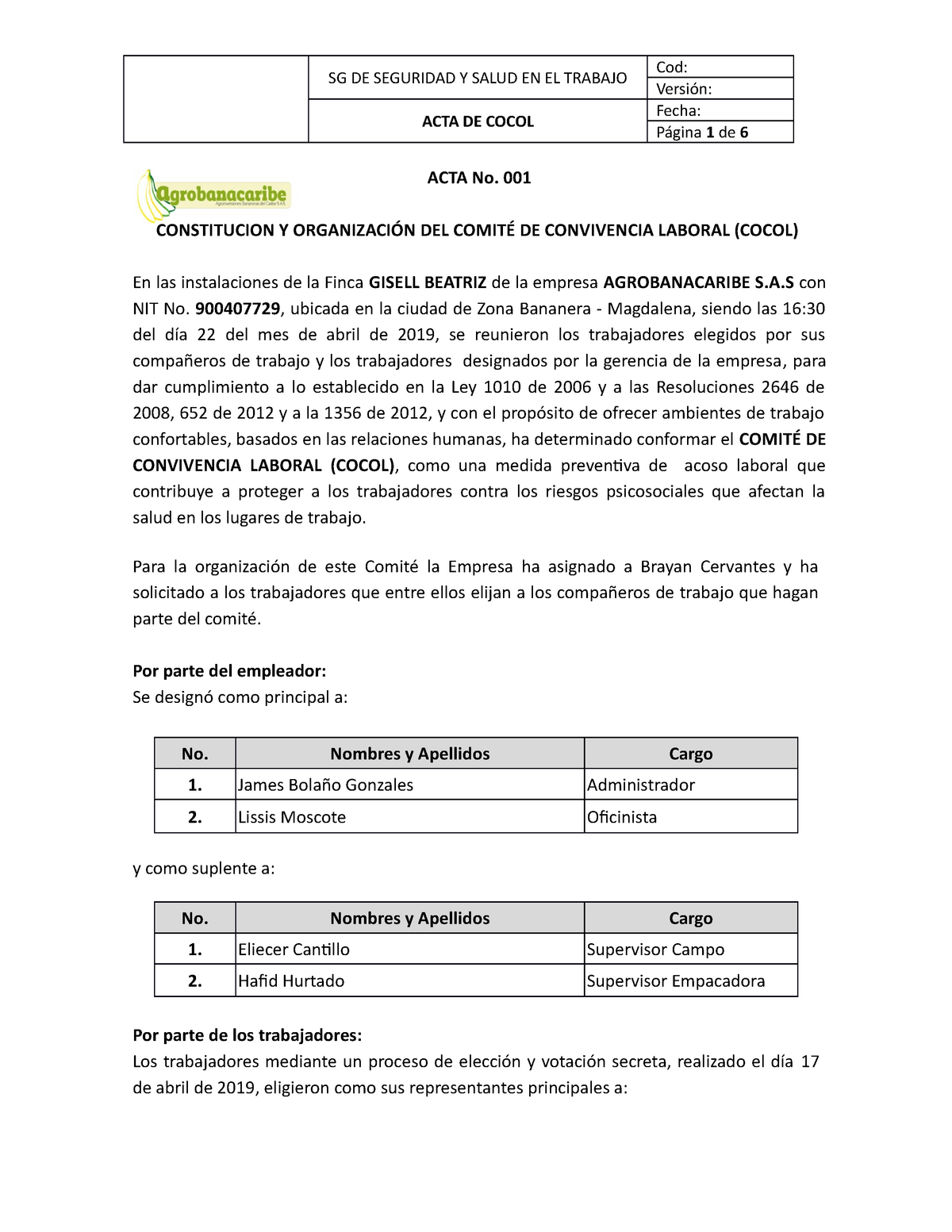 7 Acta N° 1 Conformación Cocol Gisell Beatriz Acta De Cocol Fecha