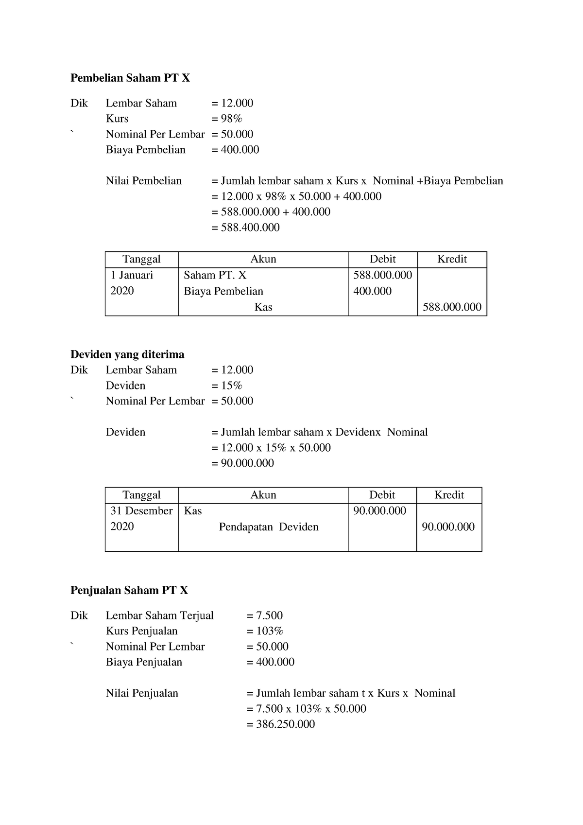 Perhitungan Nilai Jual Beli Saham - Pembelian Saham PT X Dik Lembar ...