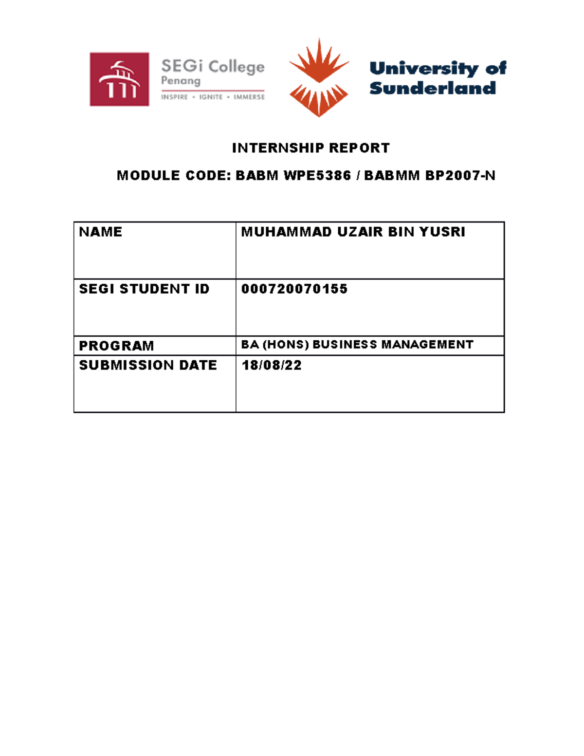 Internship Report Finale 2 - INTERNSHIP REPORT MODULE CODE: BABM ...