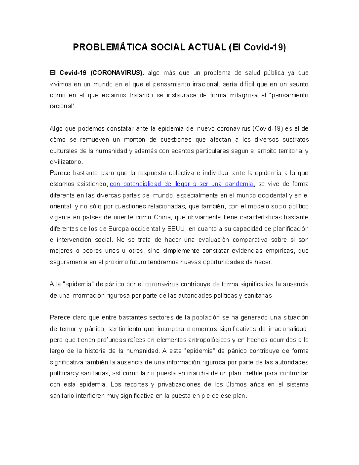 Covid 19 Problemática Social Actual - PROBLEMÁTICA SOCIAL ACTUAL (El ...