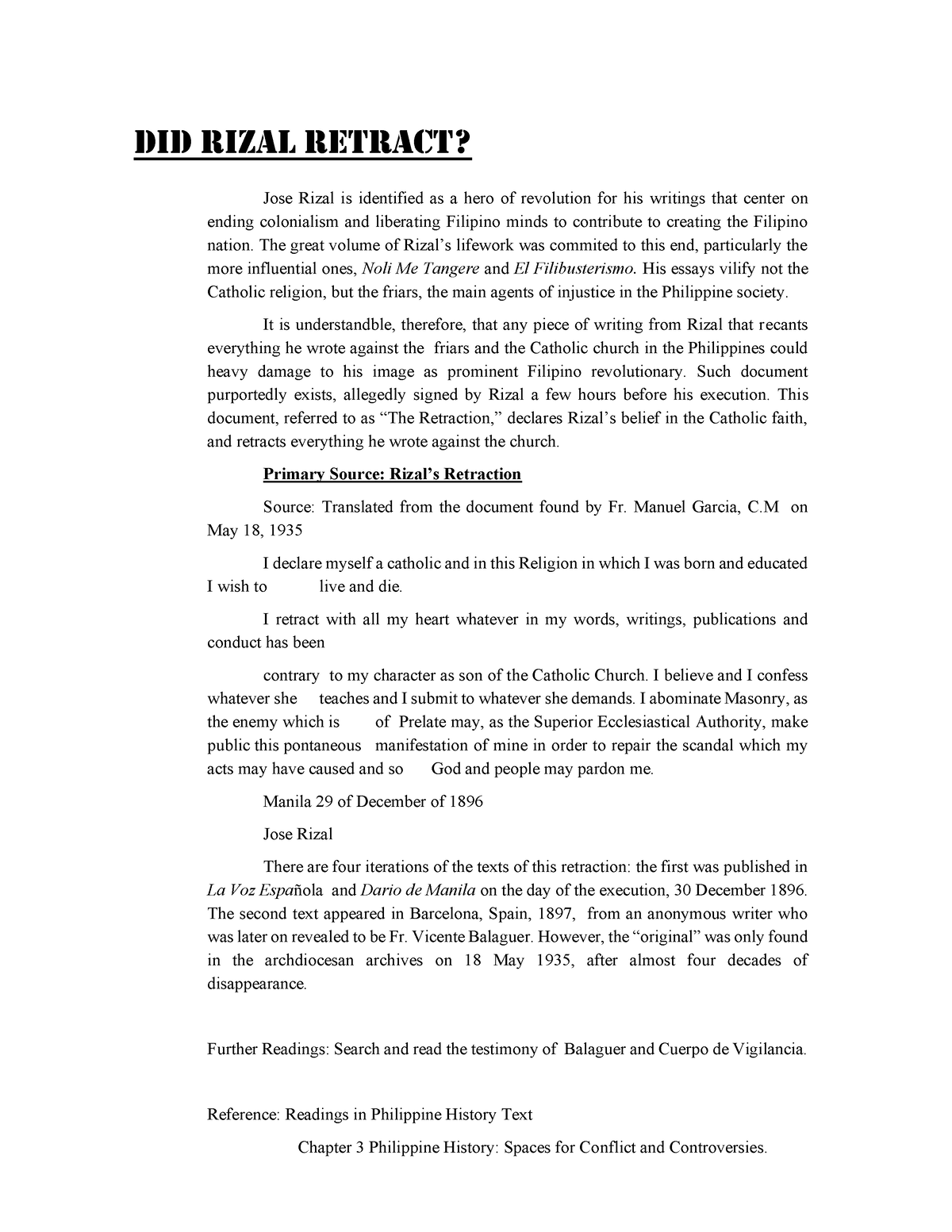 case study 3 did rizal retract summary