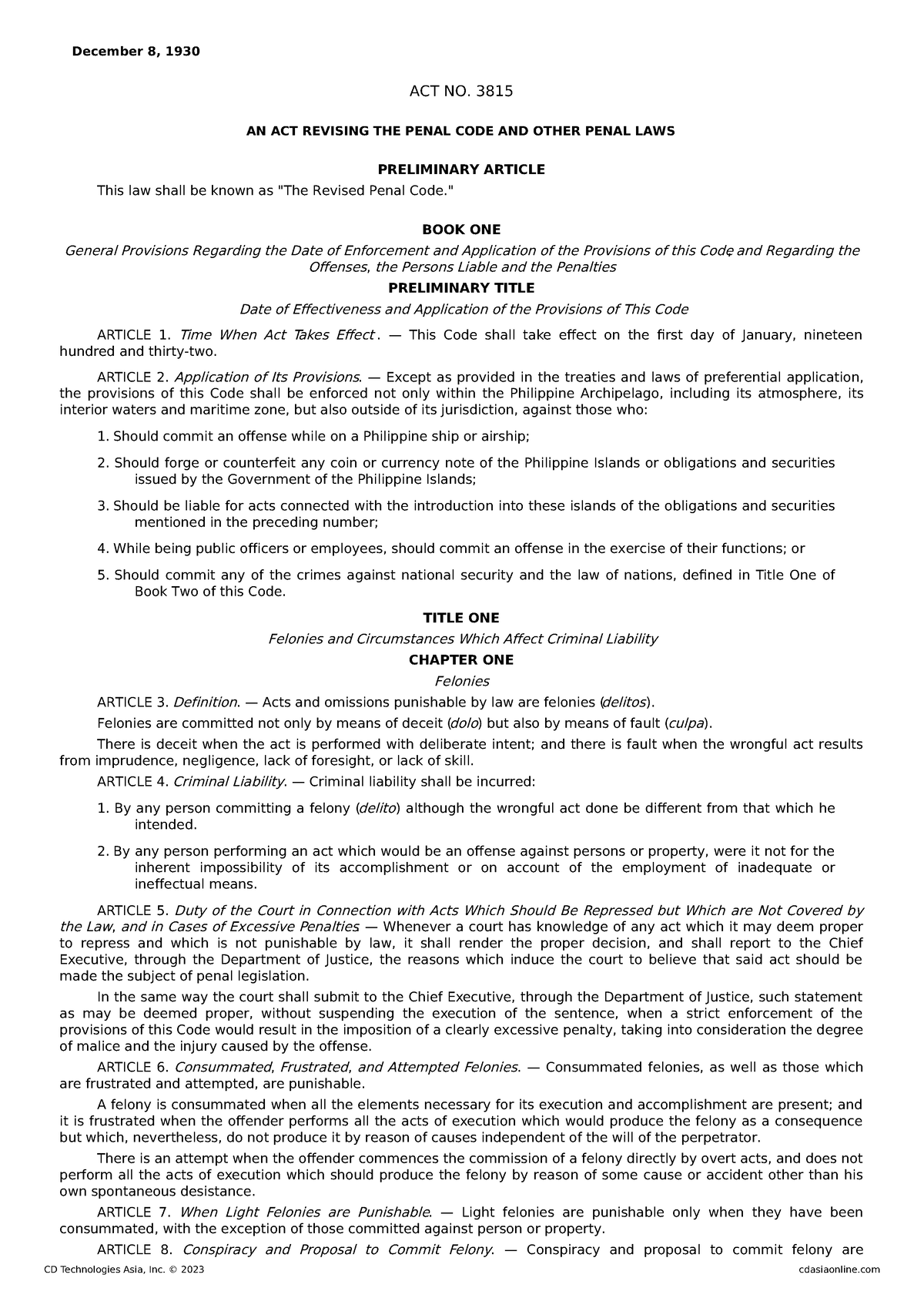 [ Codal] Revised Penal Code - December 8, 1930 ACT NO. 3815 AN ACT ...