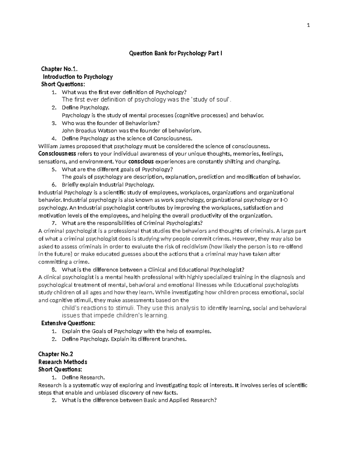 Question Bank PSYC F - 1 Question Bank for Psychology Part I Chapter No ...