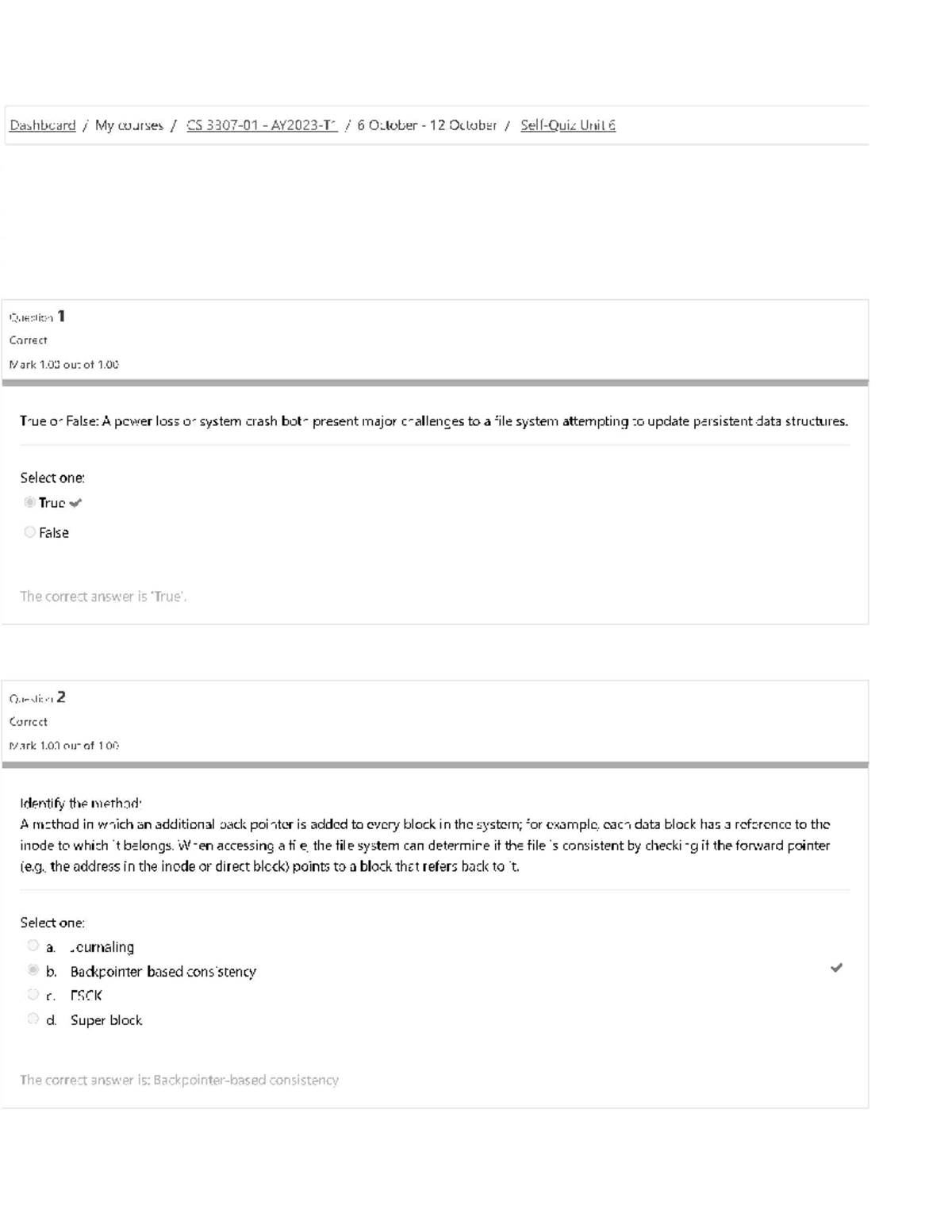 CS 3307 Self Quiz Week 6 - Self Quiz Week 6 - Dashboard My Courses CS 6 ...