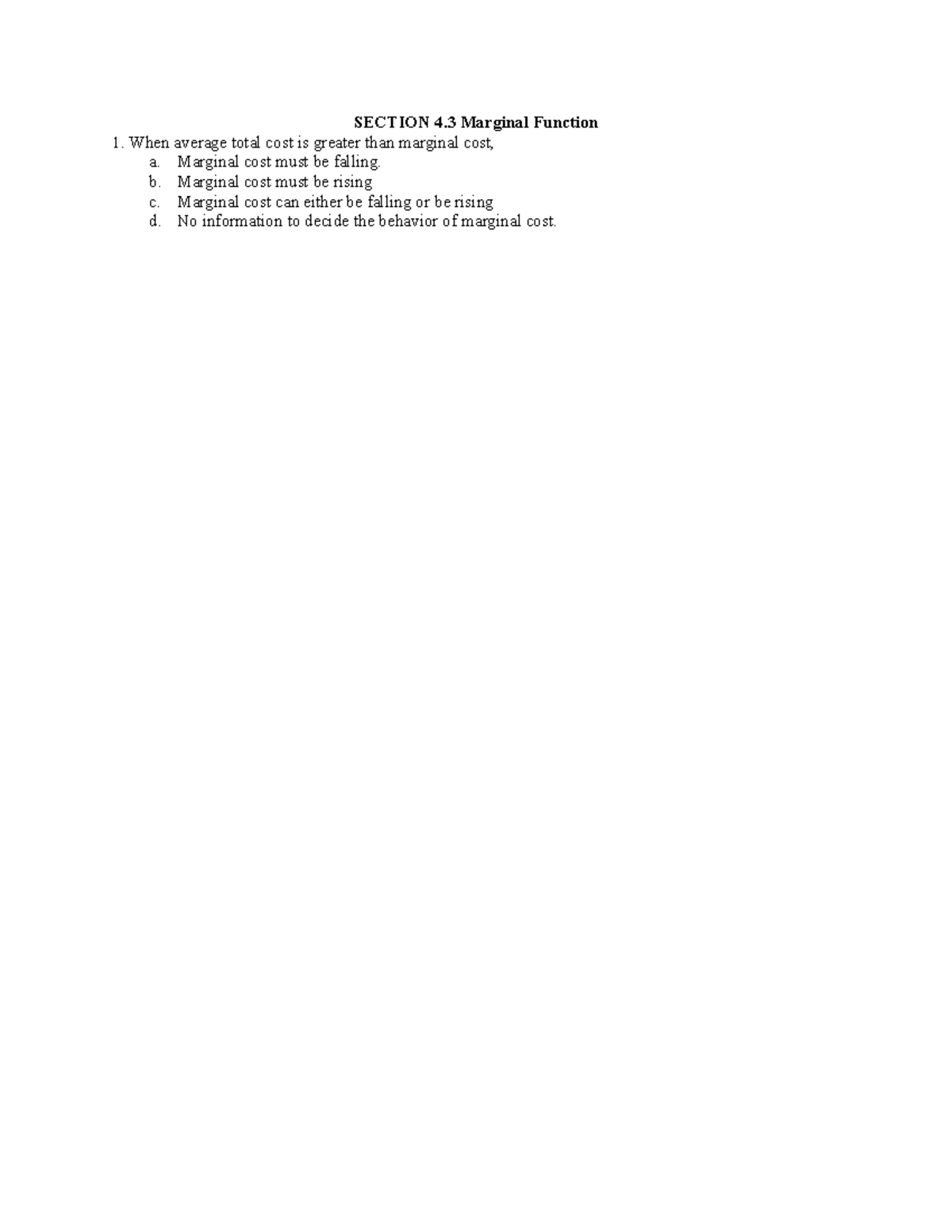Section 4-Marginal Function - SECTION 4 Marginal Function When average ...
