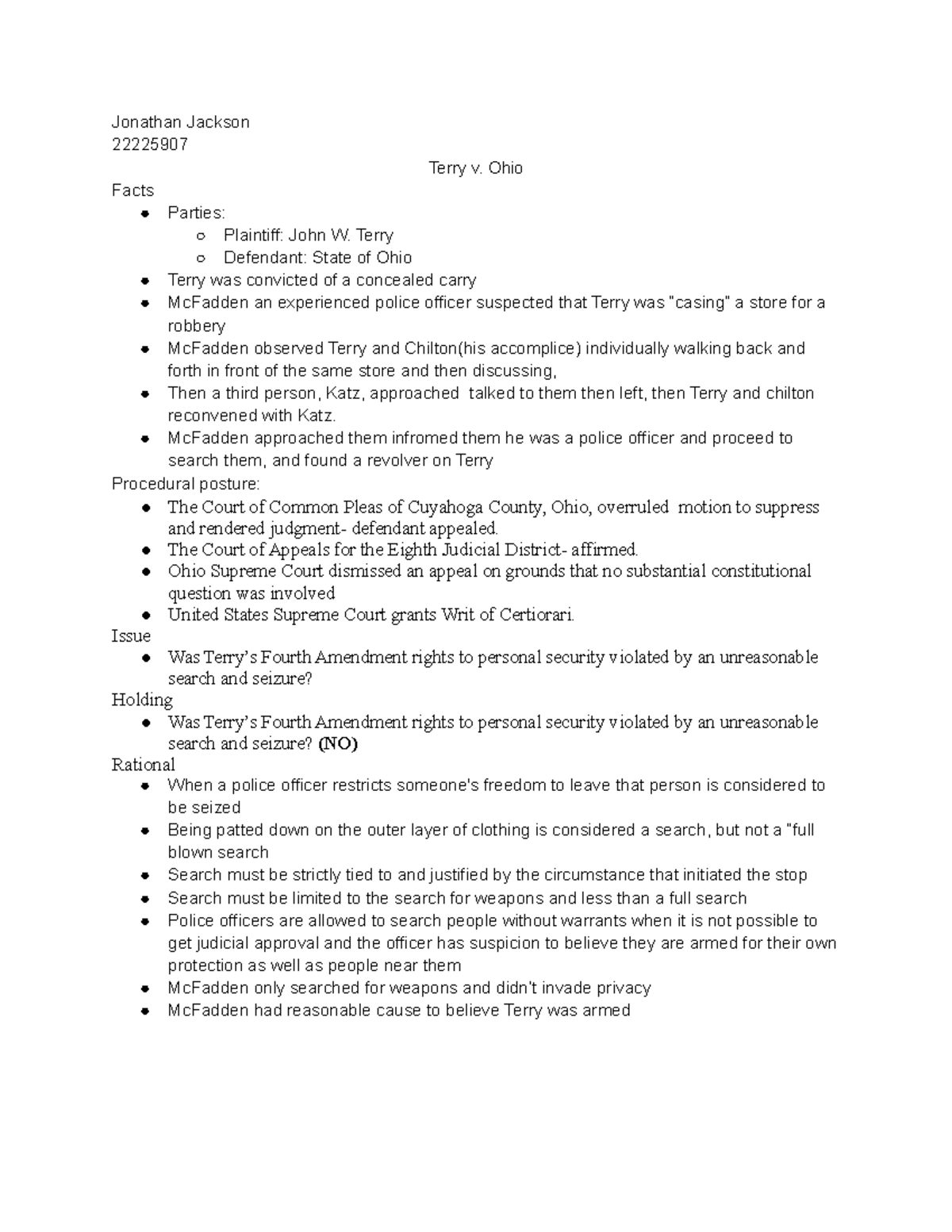 Terry vs Ohio Case Brief Jonathan Jackson 22225907 Terry v. Ohio
