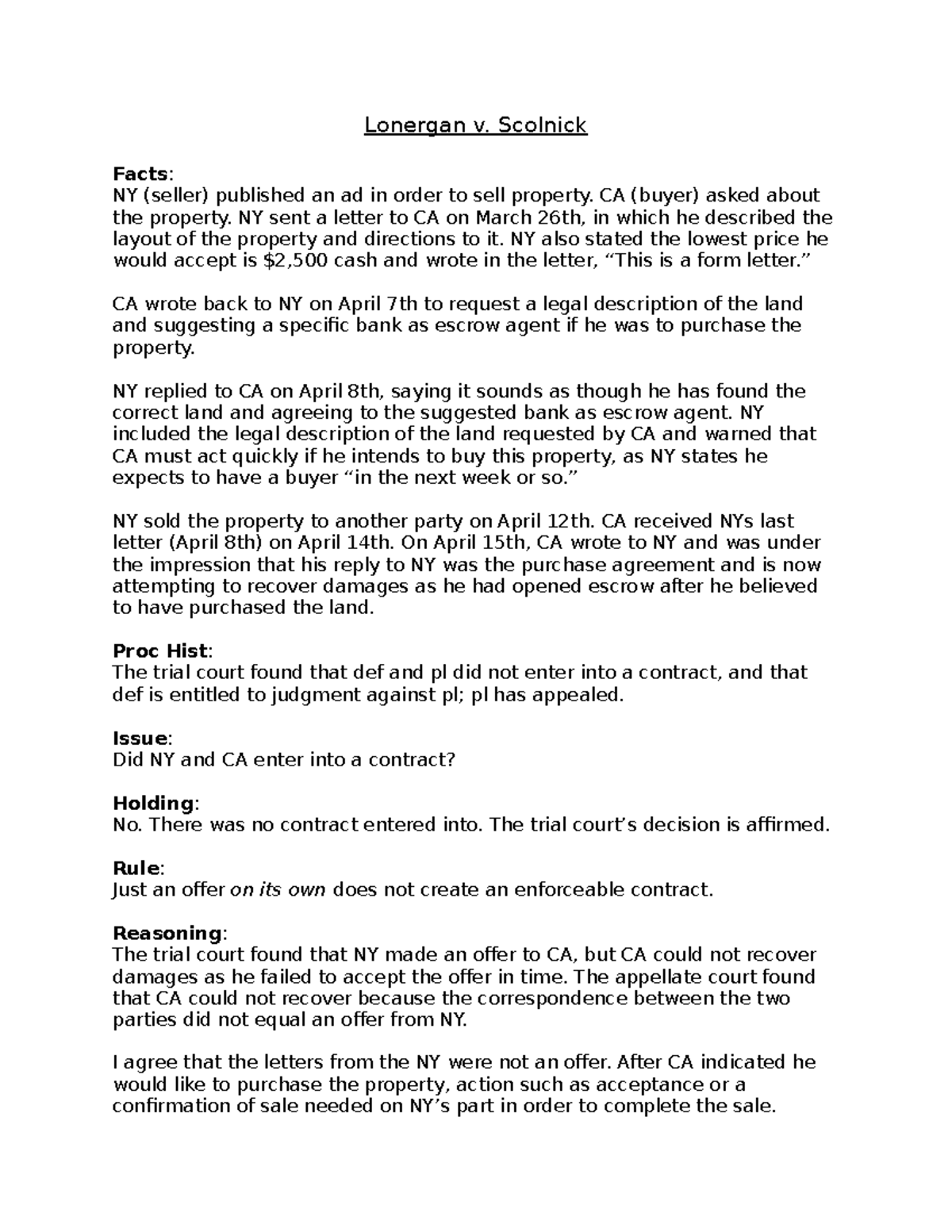 Lonergan v. Scolnick - Case brief - Lonergan v. Scolnick Facts: NY ...
