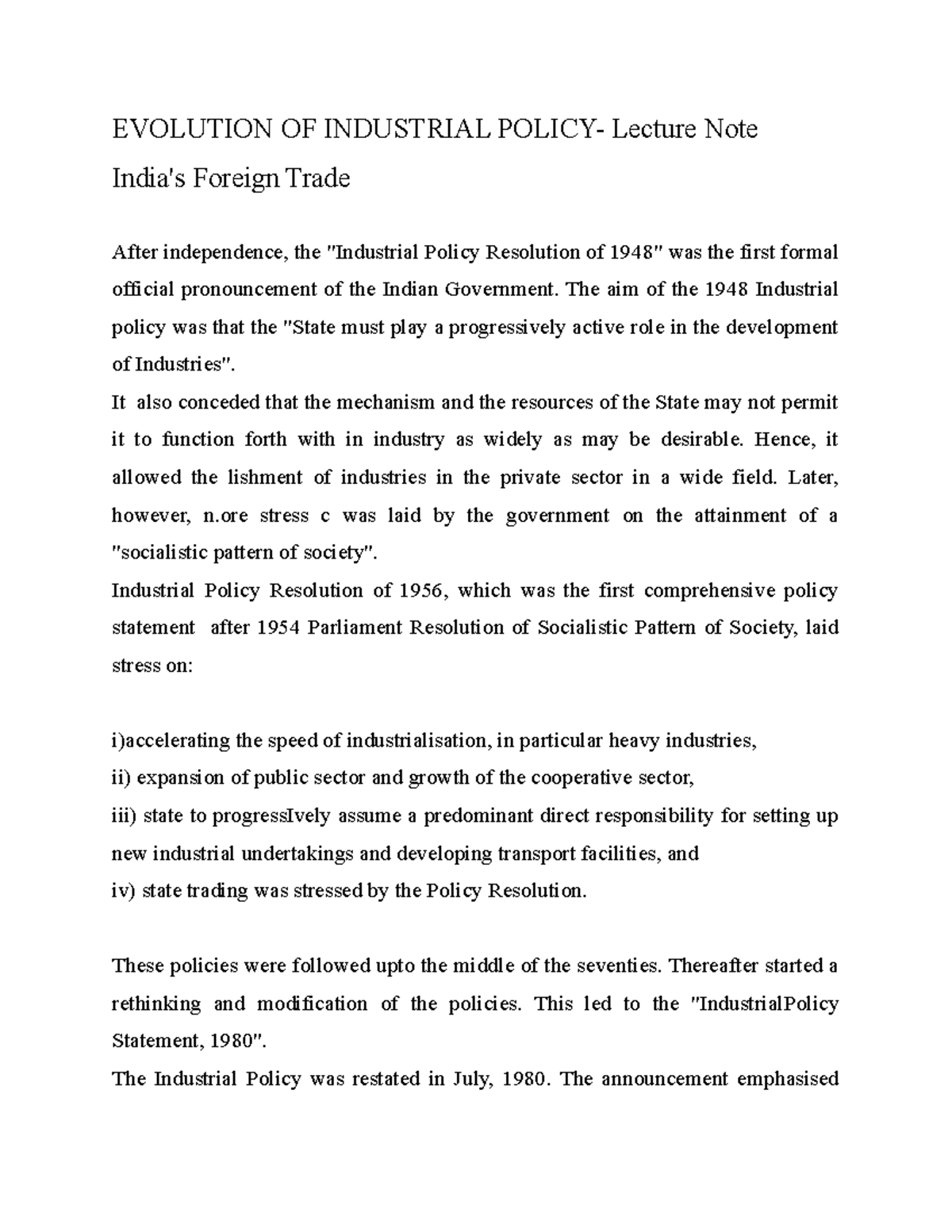 Evolution OF Industrial Policy Summary EVOLUTION OF INDUSTRIAL