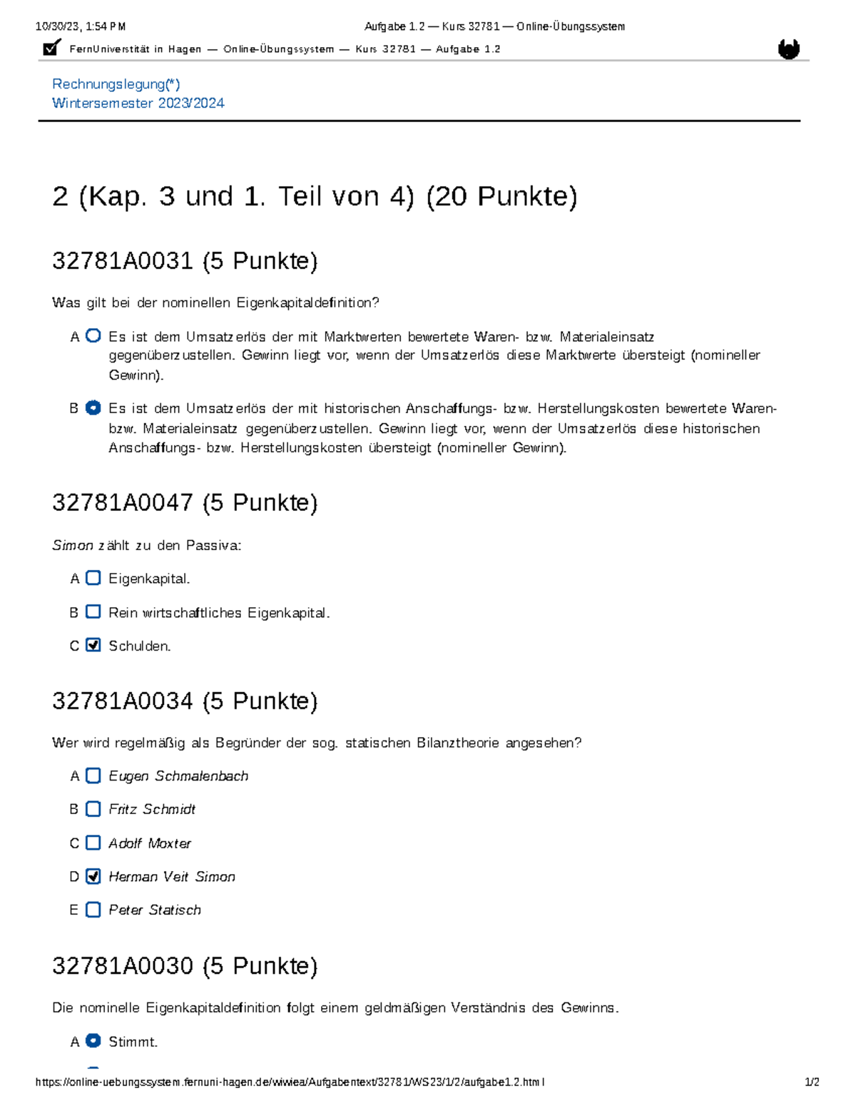 Aufgabe 1.2 — Kurs 32781 — Online-Übungssystem Rahut - 10/30/23, 1:54 ...