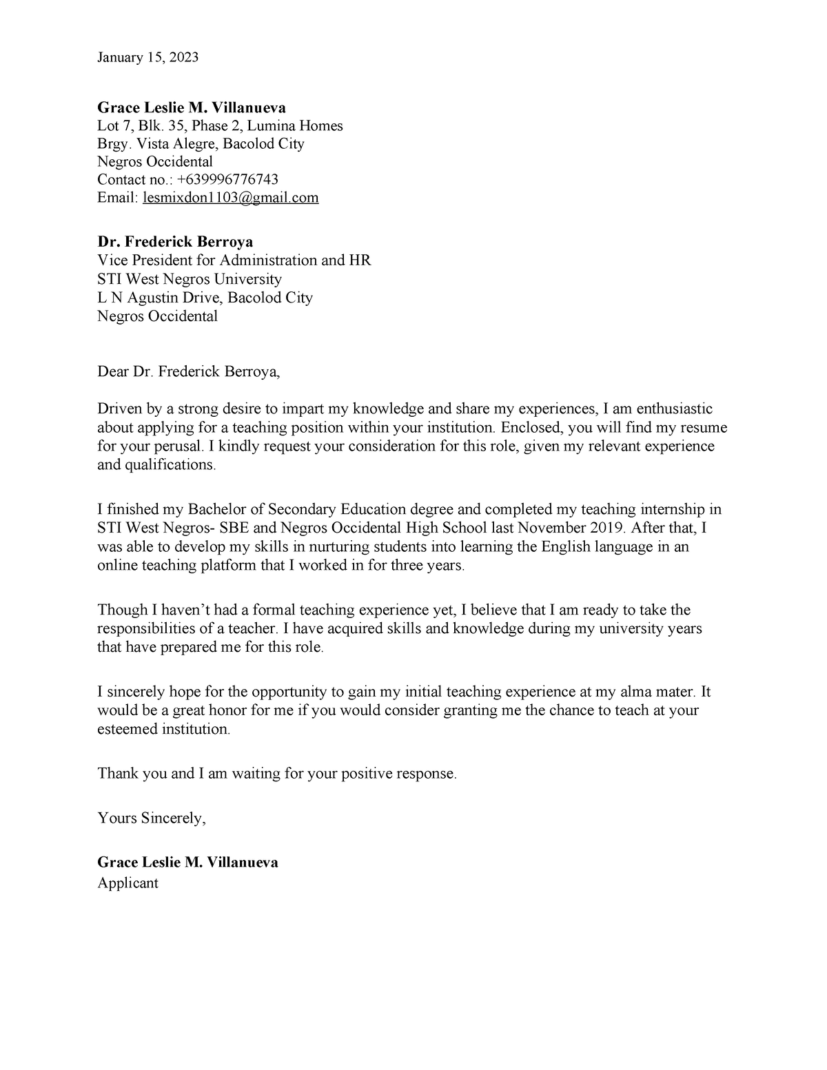 Application Letter Sample - January 15, 2023 Grace Leslie M. Villanueva ...