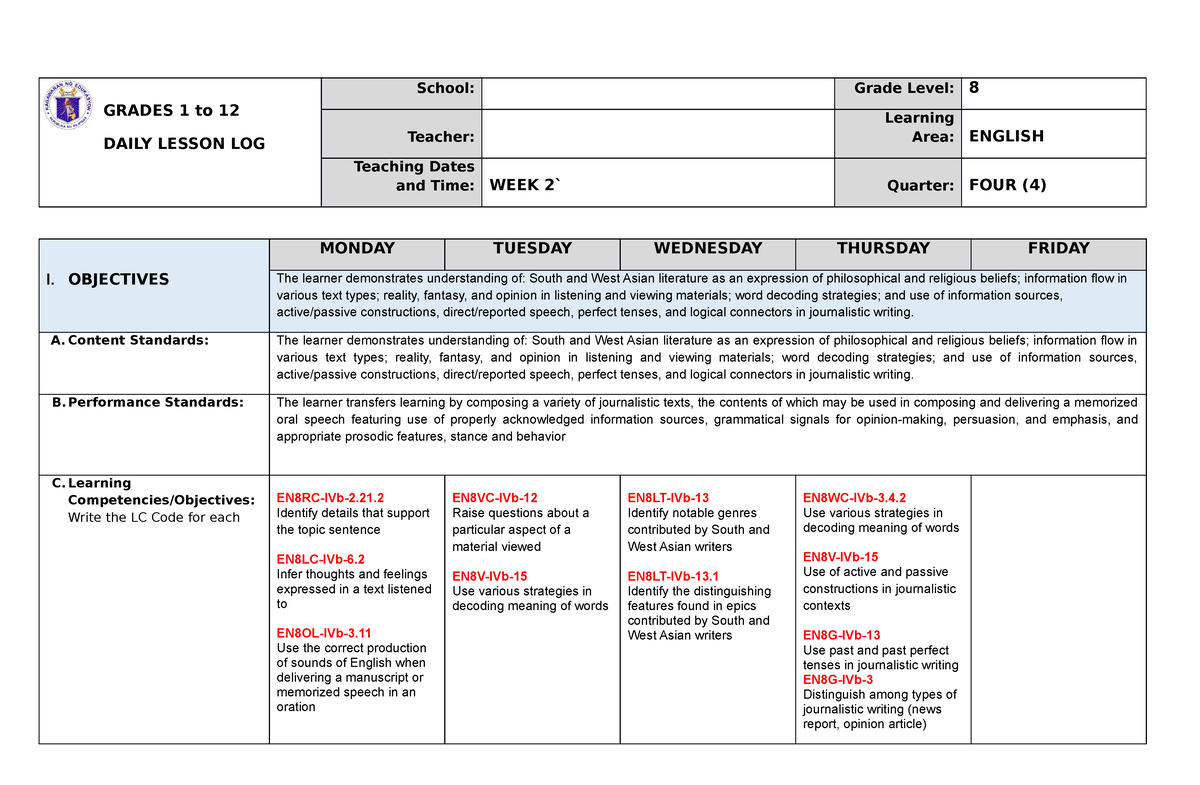 DLL-Eng8-4th Q-Week-2 - GRADES 1 To 12 DAILY LESSON LOG School: Grade ...