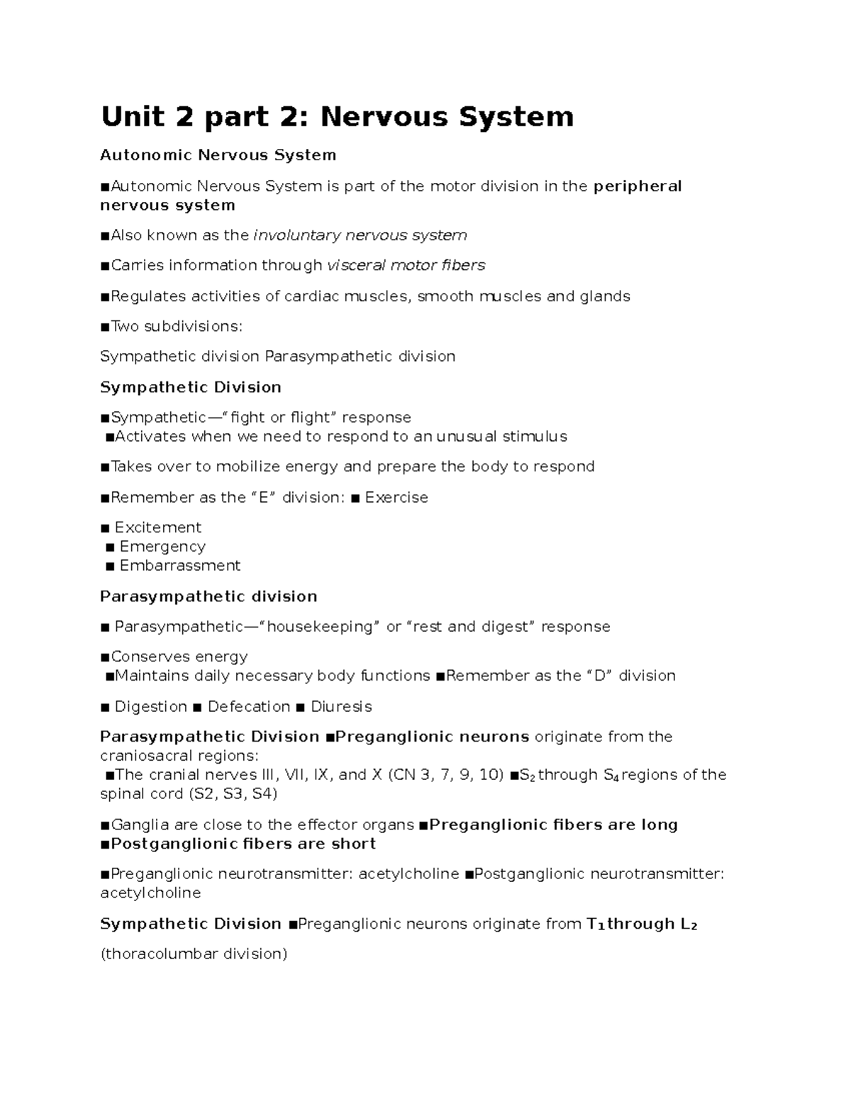ANAT 1053 TEST 2 Review - Unit 2 part 2: Nervous System Autonomic ...