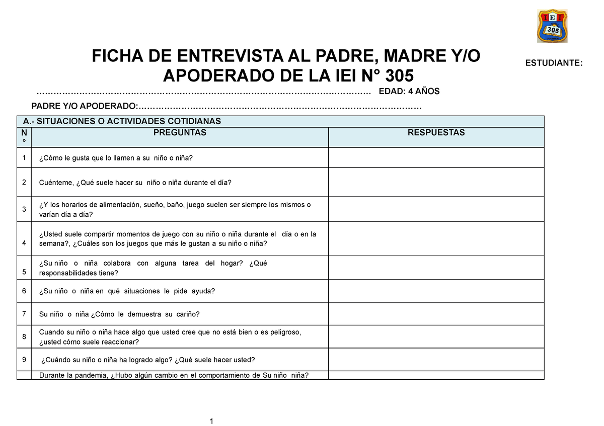 Entrevista A Padres DE Familias 4 AÑOS - ESTUDIANTE: - Studocu