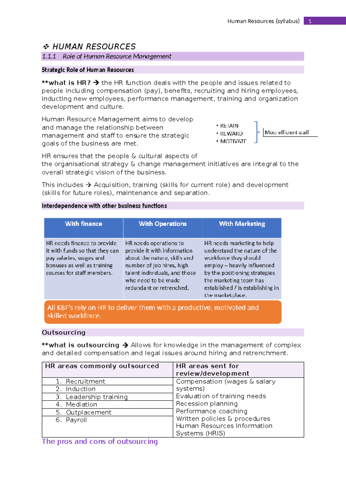 4. Human Resources - HR Study Notes HSC - HUMAN RESOURCES 1.1 Role of ...