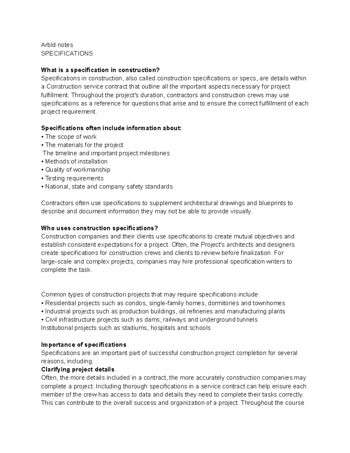 Arbld notes - Arbld notes SPECIFICATIONS What is a specification in ...