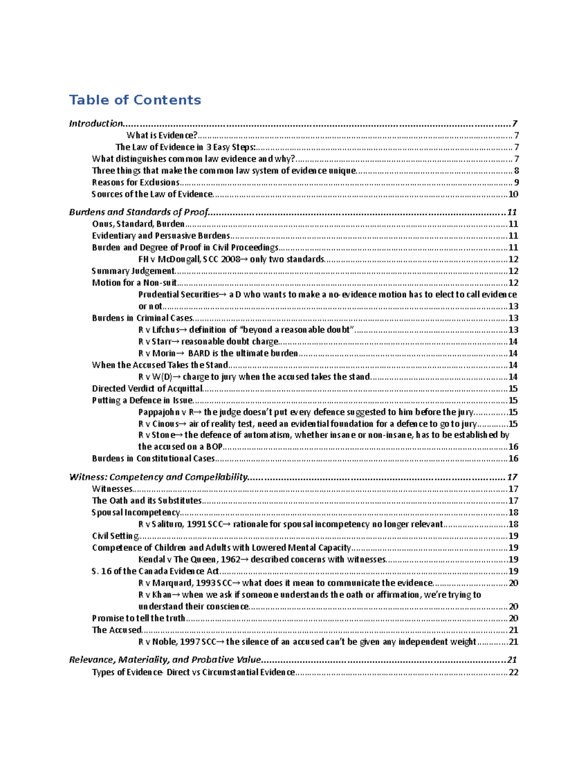 Evidence 2020 - Ontario laws of evidence - Table of Contents - Studocu