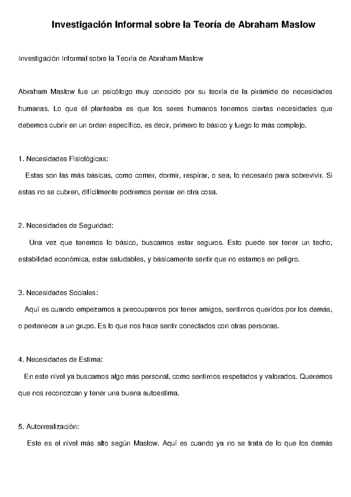 Investigacion Teoria Maslow Informal - Investigación Informal sobre la ...