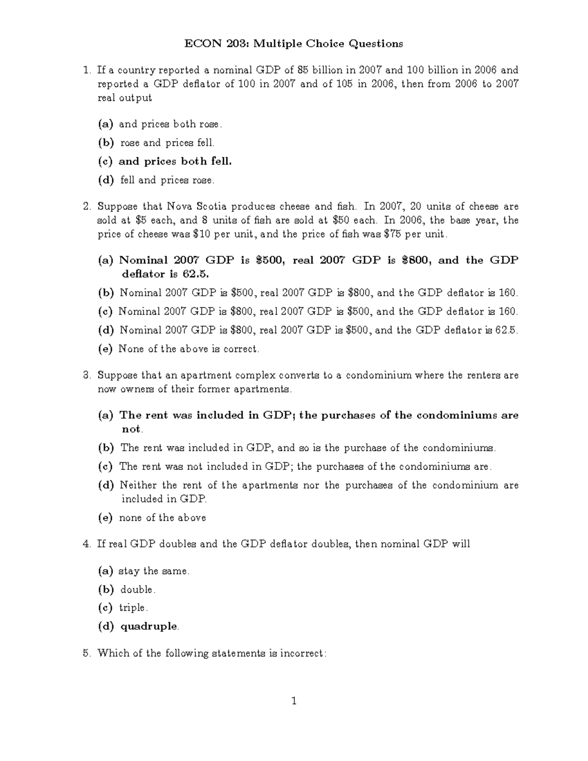 Exam 26 Winter 2010, questions and answers - ECON 203: Multiple Choice ...
