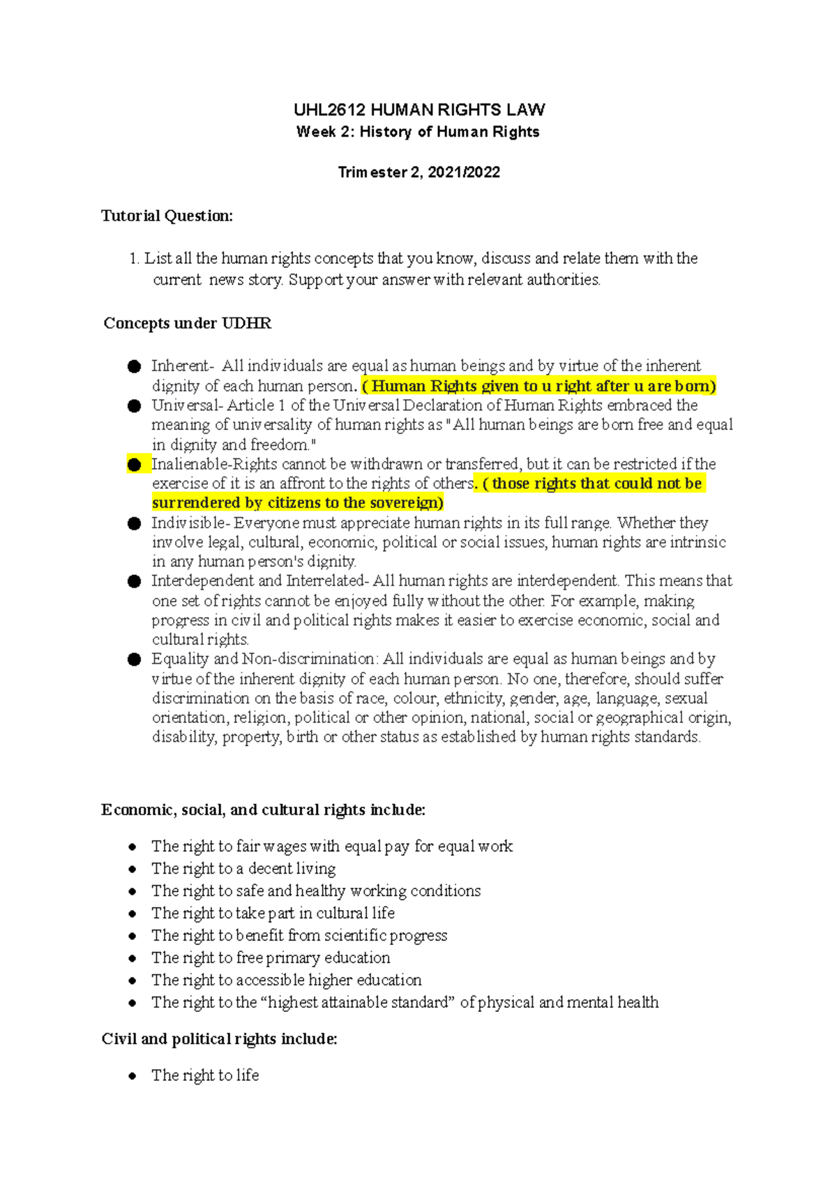 Tutorial 1 (W2) History of Human Rights - Human Rights Law - MMU - StuDocu