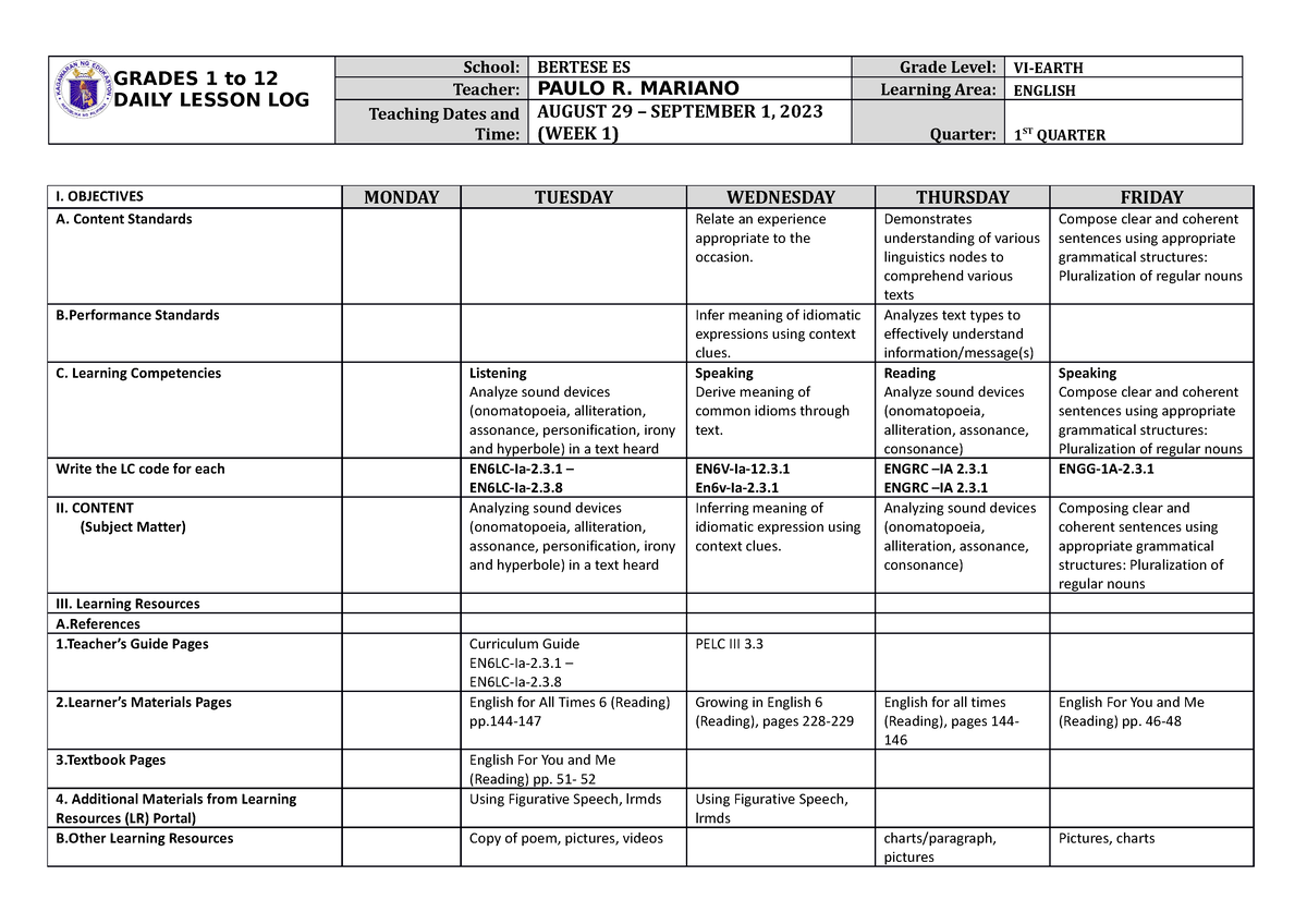 DLL English 6 Q1 W1 - dll - GRADES 1 to 12 DAILY LESSON LOG School ...