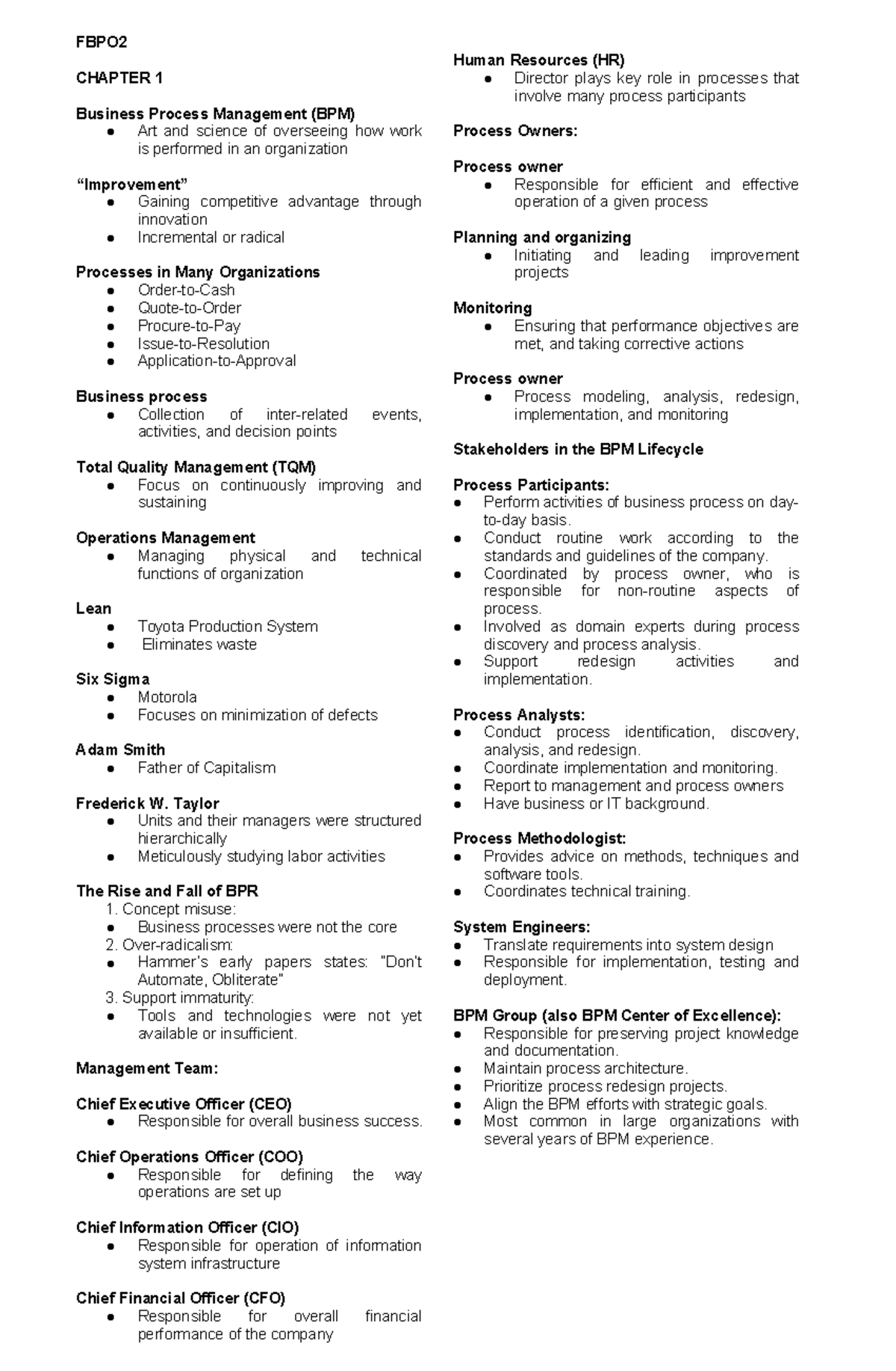 Fbpo2-reviewer - Fbpo Chapter 1 Business Process Management (bpm) Art 