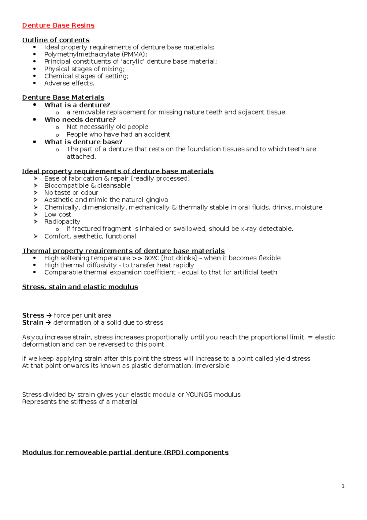 4. 9th October Denture base materials, complete and partial dentures