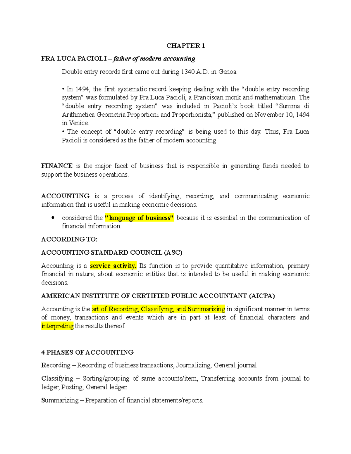 Accounting - CHAPTER 1 FRA LUCA PACIOLI – father of modern accounting ...